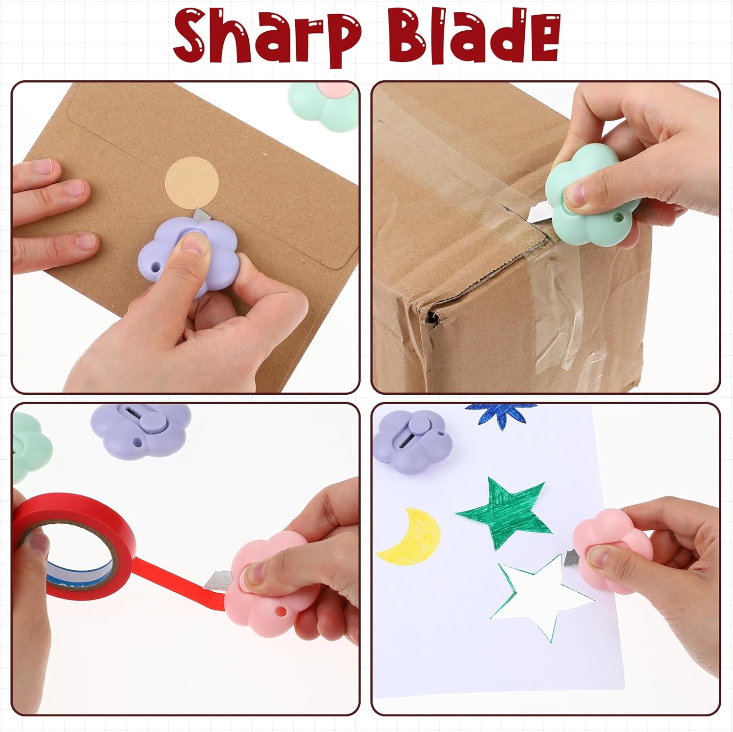 Cute Retractable Box Cutters Flower Shaped Mini Box Cutters Utility Knives Art Cutter Package Opener Tool for Office, Home, DIY Crafts (Purple&Green&Pink)