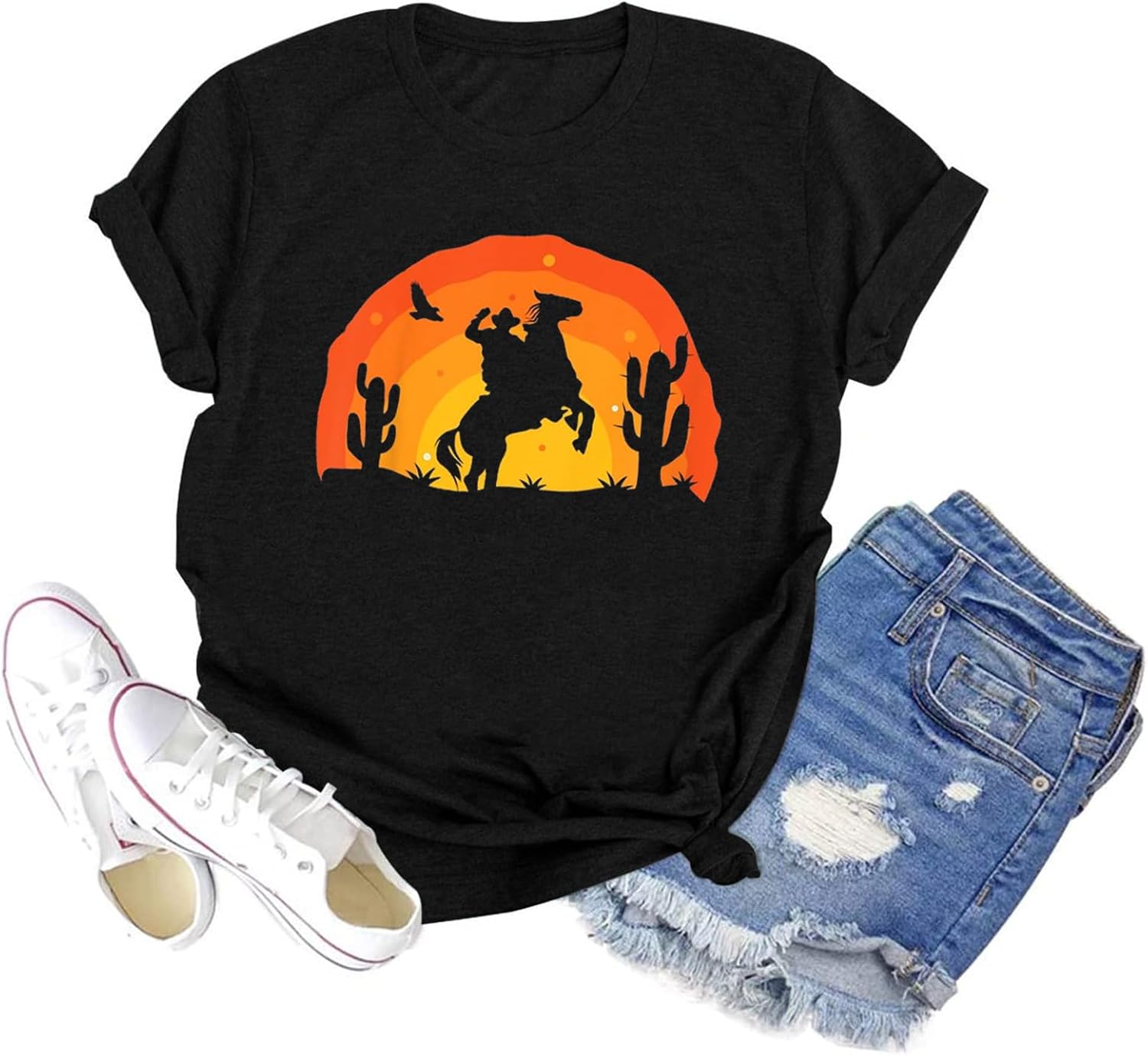 GEMLON Sunset Pine Tree Tshirt Women Camping Tshirt Retro Sun Print Graphic Tee Casual Short Sleeve Top