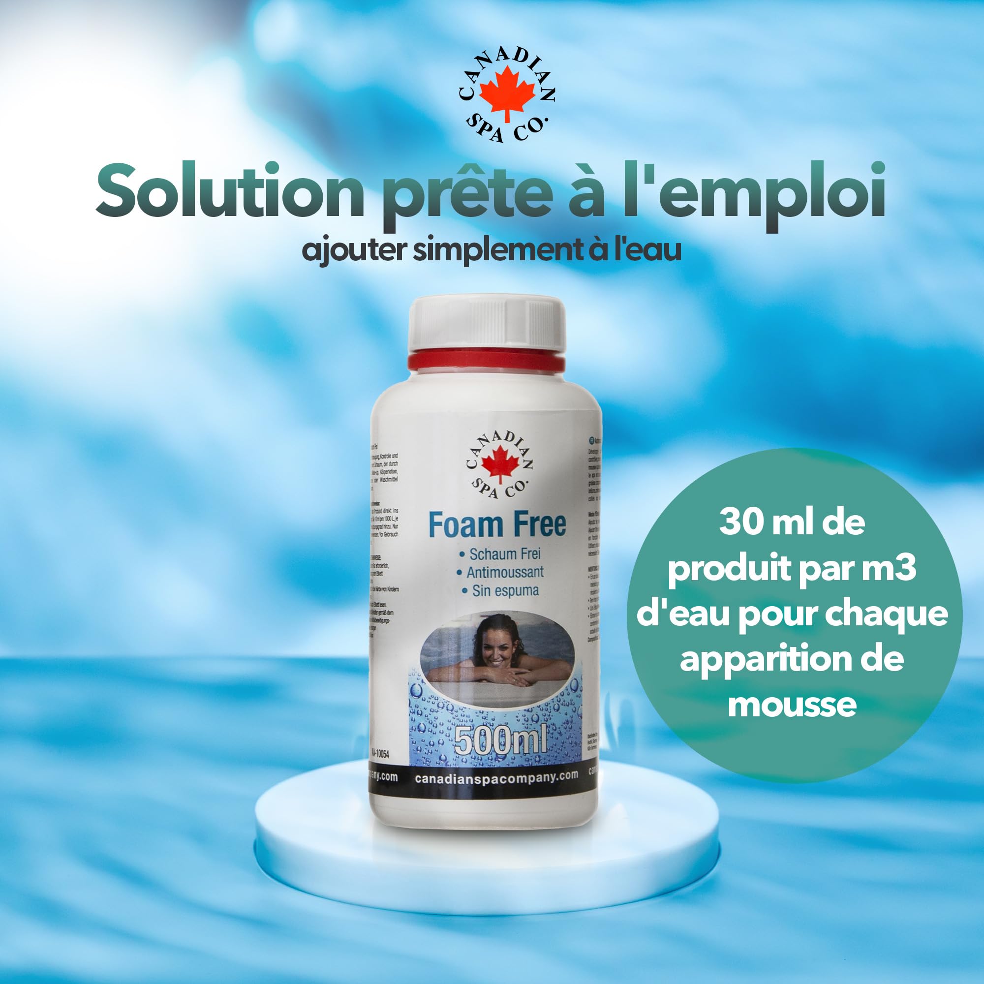 Canadian Spa Co. Anti-Mousse Spa Foam Free, Traitement antimousse prêt à l’Emploi pour Spa et Piscine, Anti écume pour Spa, Dissolution Rapide, Dosage 30 ML/m³, Flacon 500 ML
