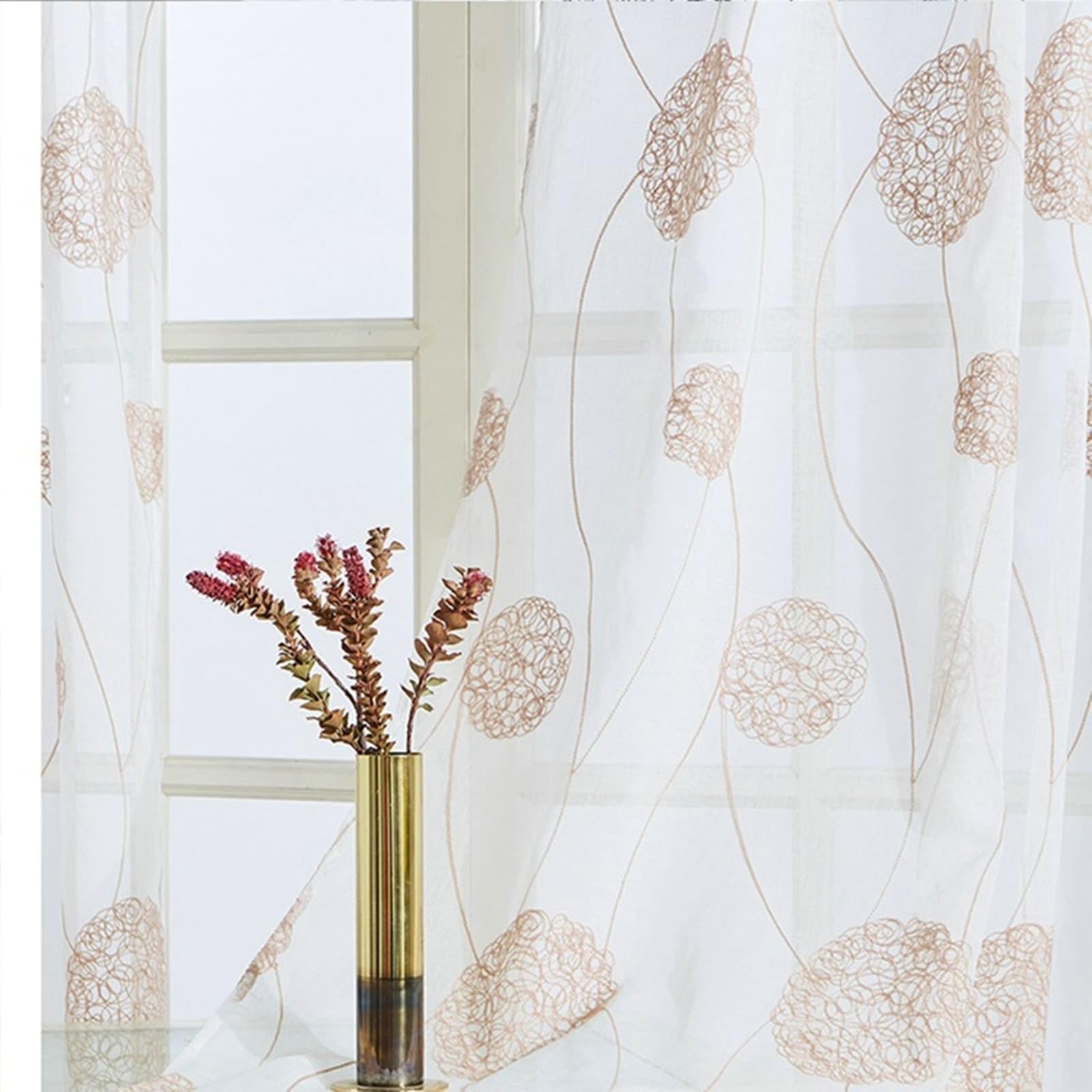 Fenster Voile Vorhänge Transparent 2 Stück Braun und Weiß 107 Breit, Polyesterleinen Bestickt Haken Wohnzimmer Vorhänge Kurz, H229 x B107 cm