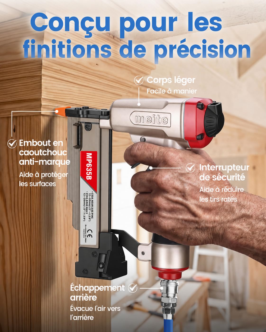 meite MP635B Cloueuse avec 10 000 clous (25 mm), cloueuse pneumatique de calibre 23, pistolet à ongles pneumatique, convient aux clous de calibre 23 de 12 mm à 35 mm, idéal pour les panneaux, petite