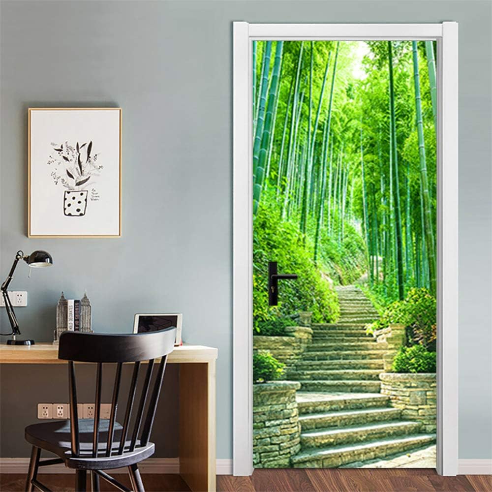 KACOLOR Modern Art Bamboo Forest 3D Door Sticker for Bedroom Livingroom Bathroom, 2PCS Wall Decal Self-Adhesive Waterproof Removable Door Murals Wallpaper Home Decoration
