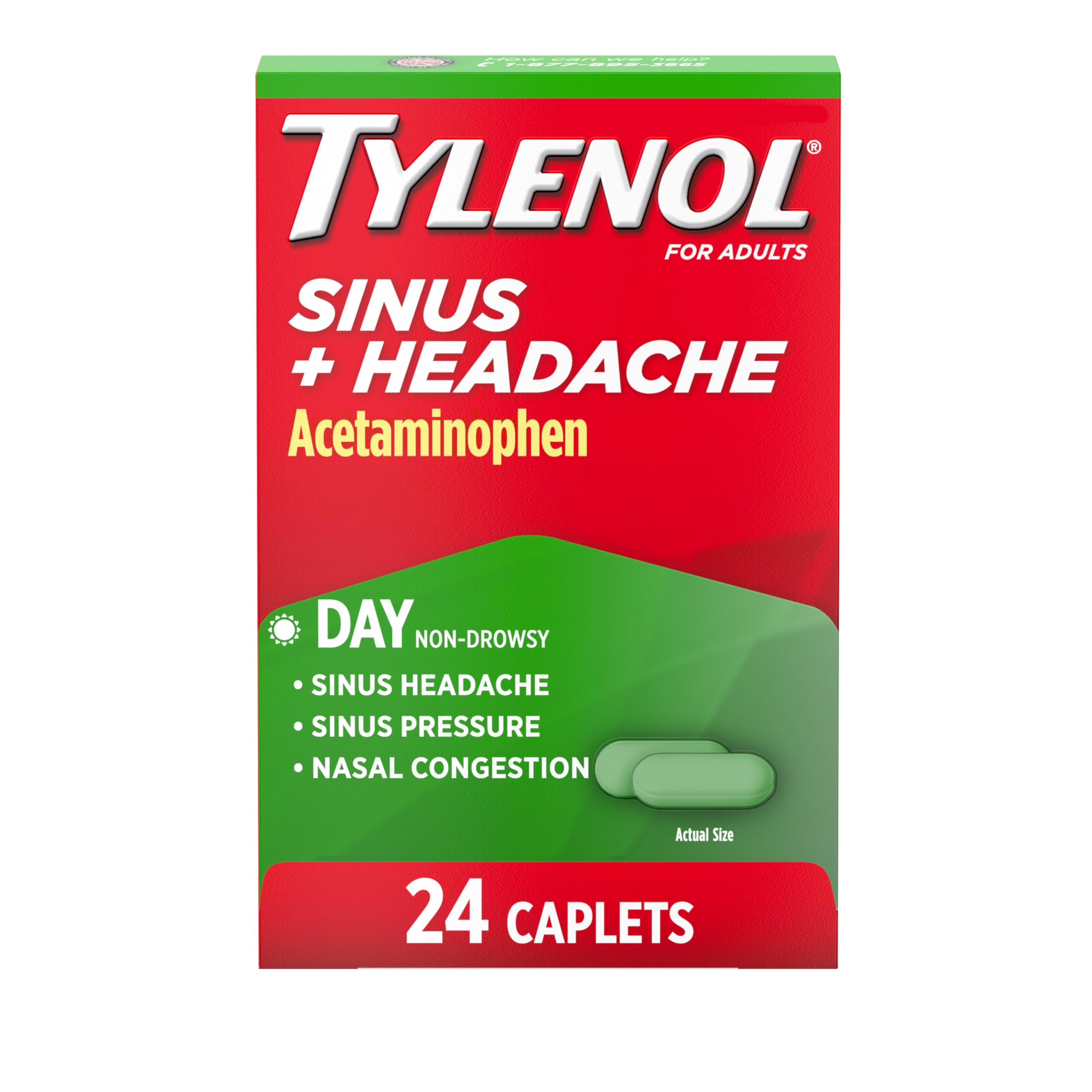 Tylenol Sinus + Headache Daytime Non-Drowsy Relief Caplets, Acetaminophen 325mg, Nasal Decongestant for Sinus Pressure, Headache & Nasal Congestion Relief, 24 ct