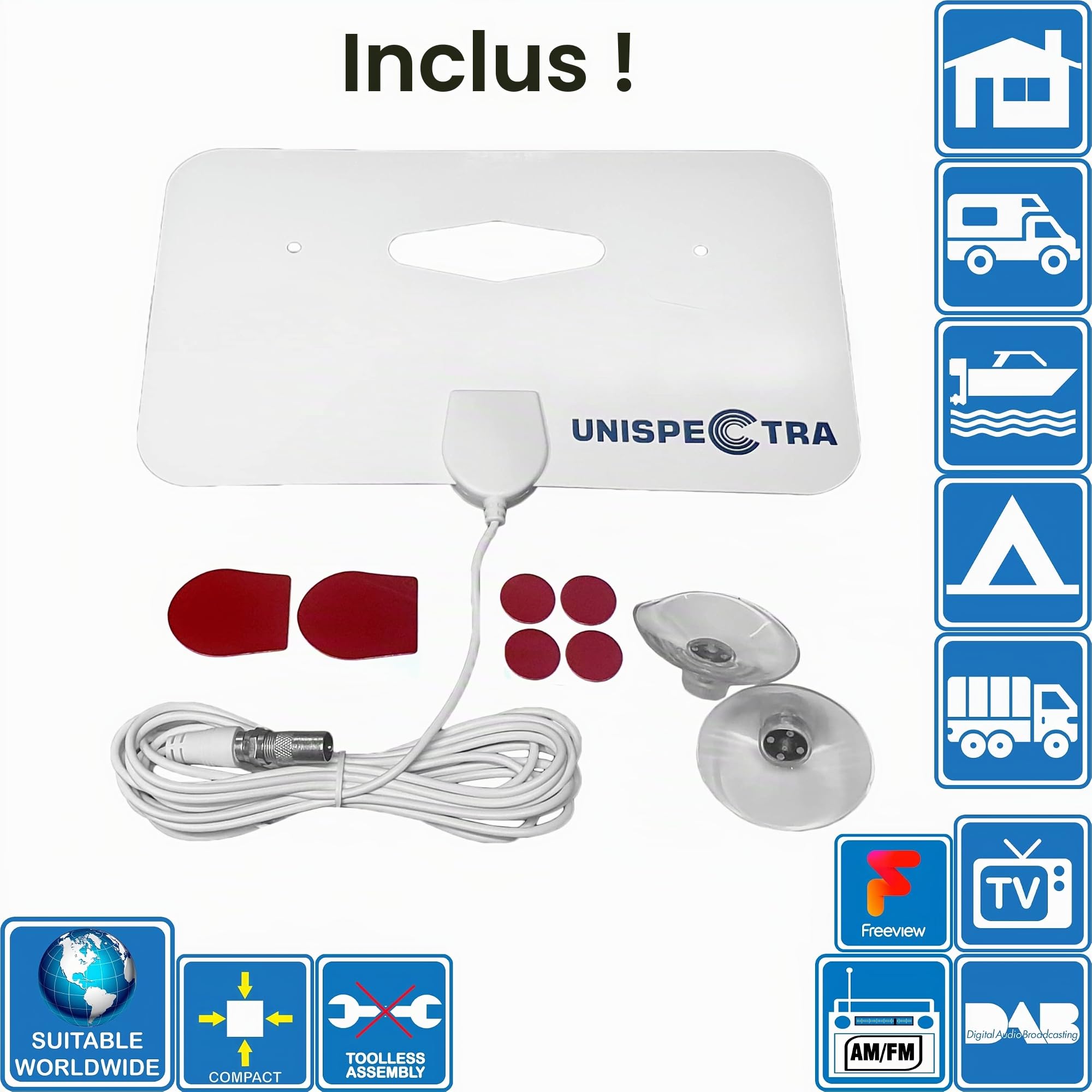 Unispectra® 12 Pouces TV 12V / 230V HD LED Numérique TV DVB-T/T2 (TNT) USB PVR & Lecteur multimédia, Tuner FM, HDMI, AV in/Out. Idéal pour : Maison, Camping-Car, Bateau, Caravane, et Camion