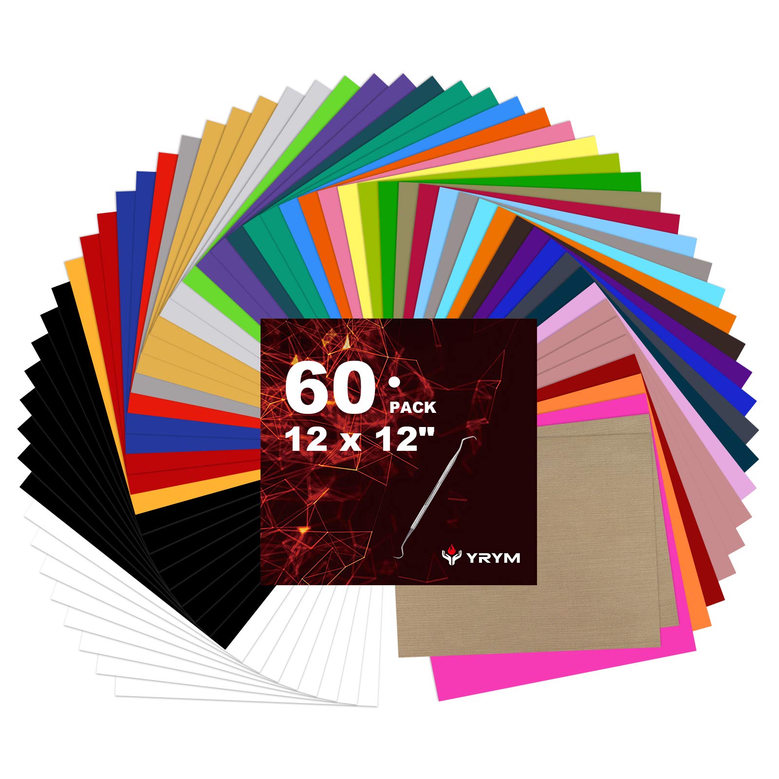 YRYM HTV Heat Transfer Vinyl Bundle：60 Pack 12" x 12" Iron on Vinyl with 35 Popular Colors HTV Vinyl Bundle Easy Cut and Weeding Suitable Silhouette Cameo or Heat Press Machine