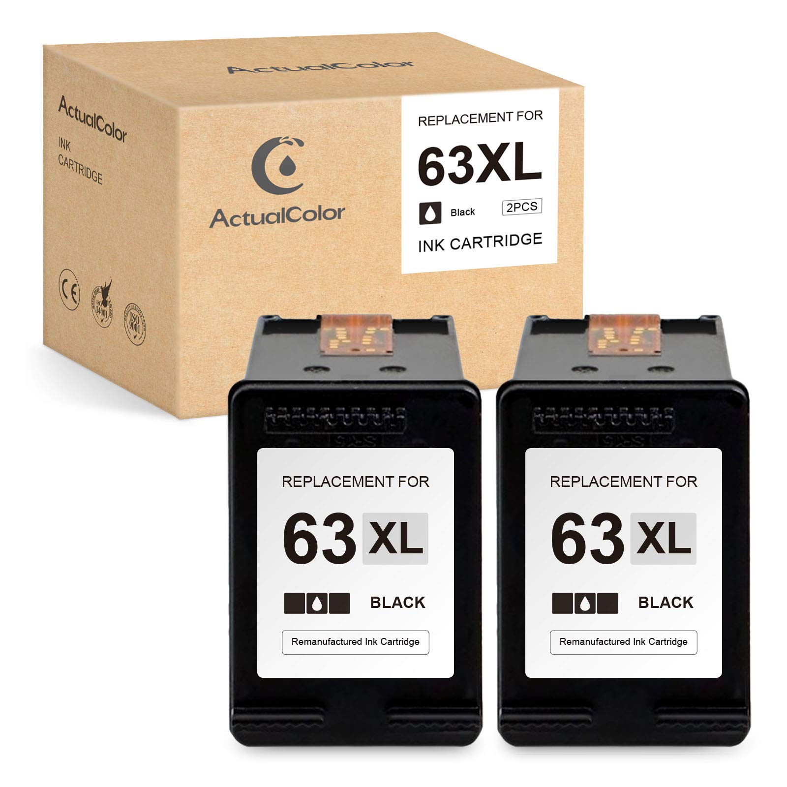 ActualColor C Remanufactured Ink Cartridge Replacement for HP 63XL Black Ink Cartridge 63 XL for Envy 4520 4512 OfficeJet 3830 5255 5258 4655 4650 4652 DeskJet 3630 3632 2132 1112 Printer (2 Black)