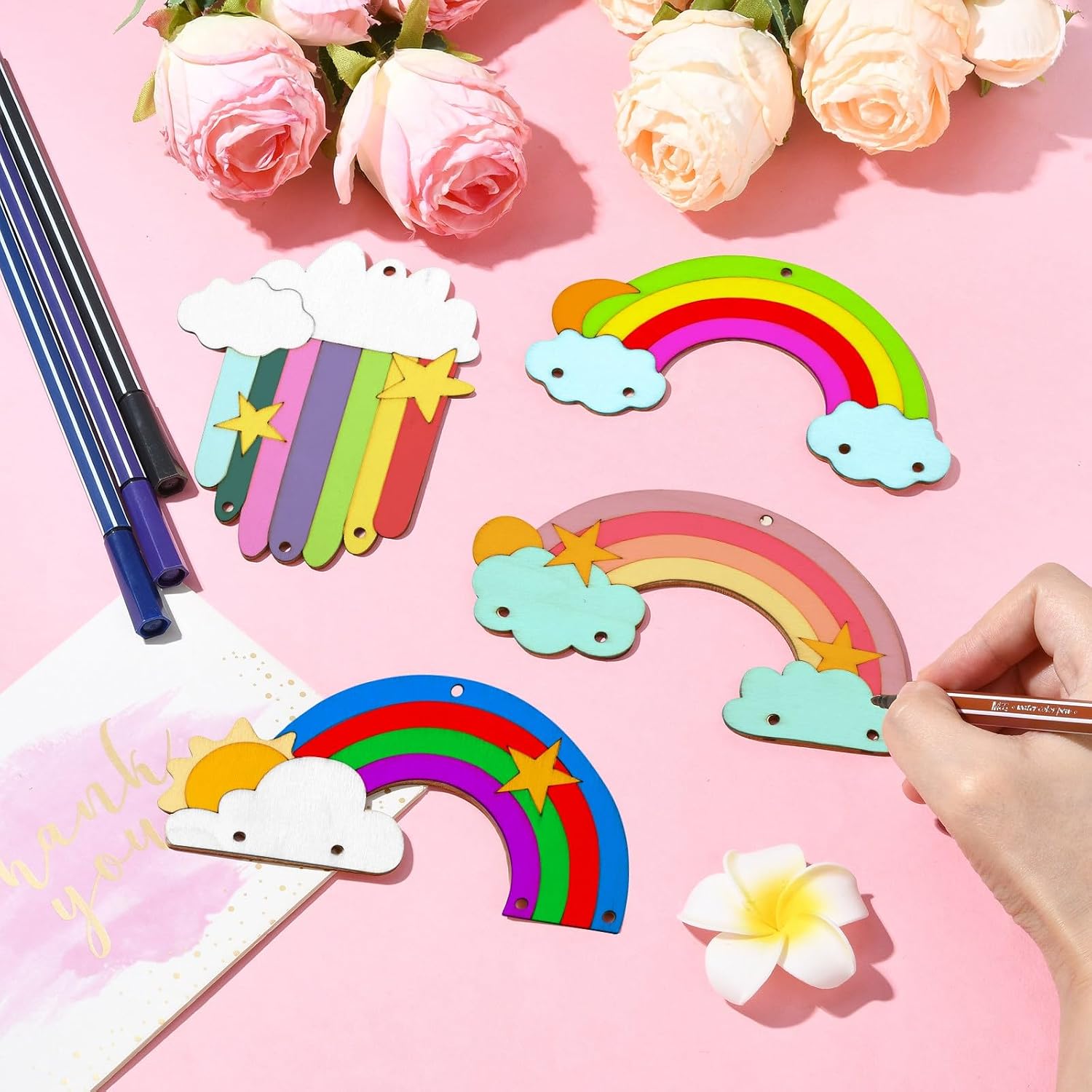 LiQunSweet 40 Pcs 4 Styles Rainbow Theme Unfinished Wood Cutout Cloud Rainbow Star Sun Meteor Wood Slices for DIY Printing Craft Embellishments Wind Chime