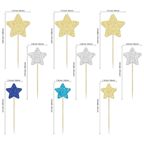 Miniatura 2 de Gyufise 42 piezas de adornos de estrellas para cupcakes, dorados, plateados, azules, con purpurina, tamaño mixto, estrella, decoración para bodas,