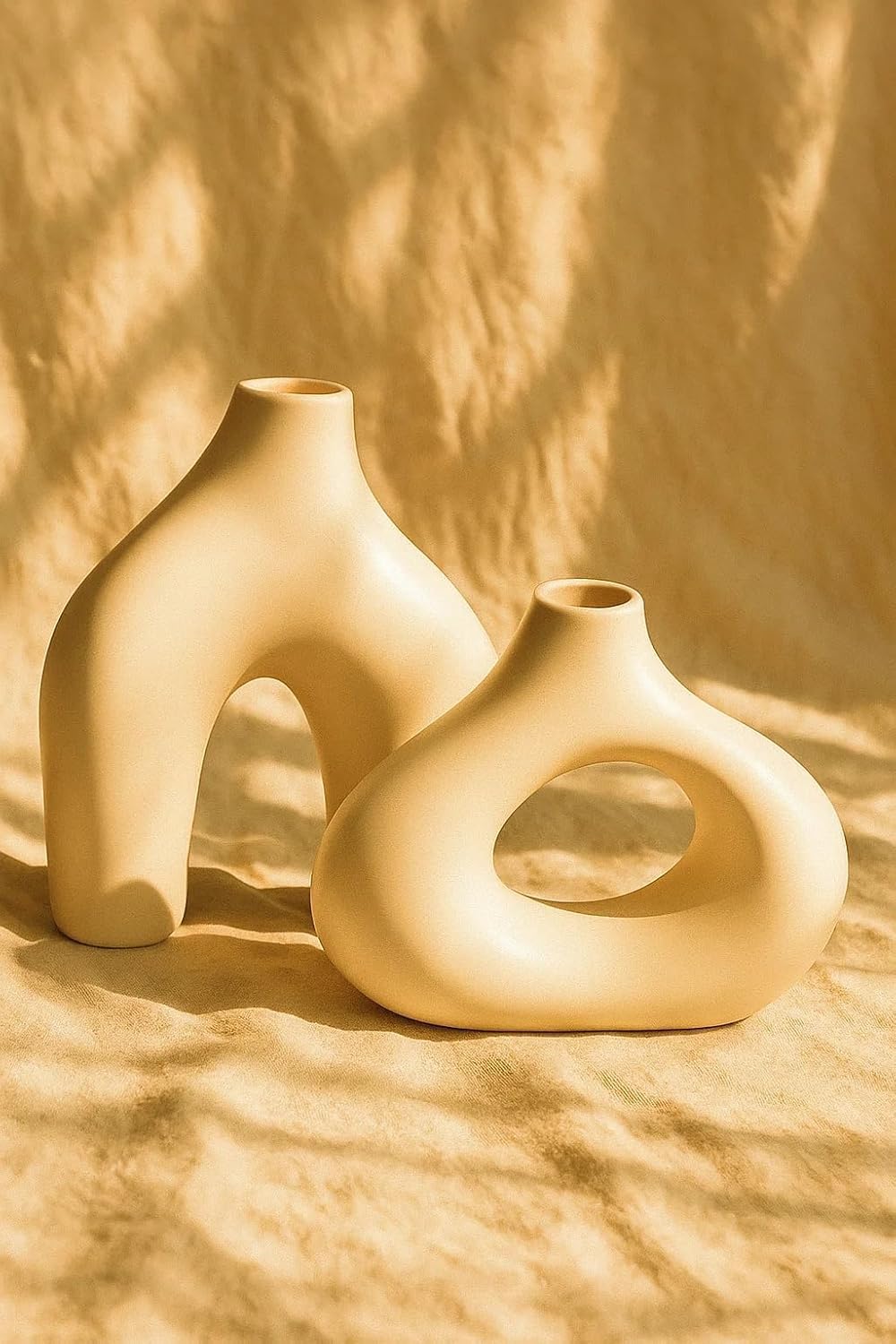 Ceramic Abstract Vase Set of 2, Nordic Minimalist Hollow & Arch Shaped, Matte Beige, 7.5 & 5 Inch, Modern Decorative for Home Table Shelf Office Boho Decor-image-3