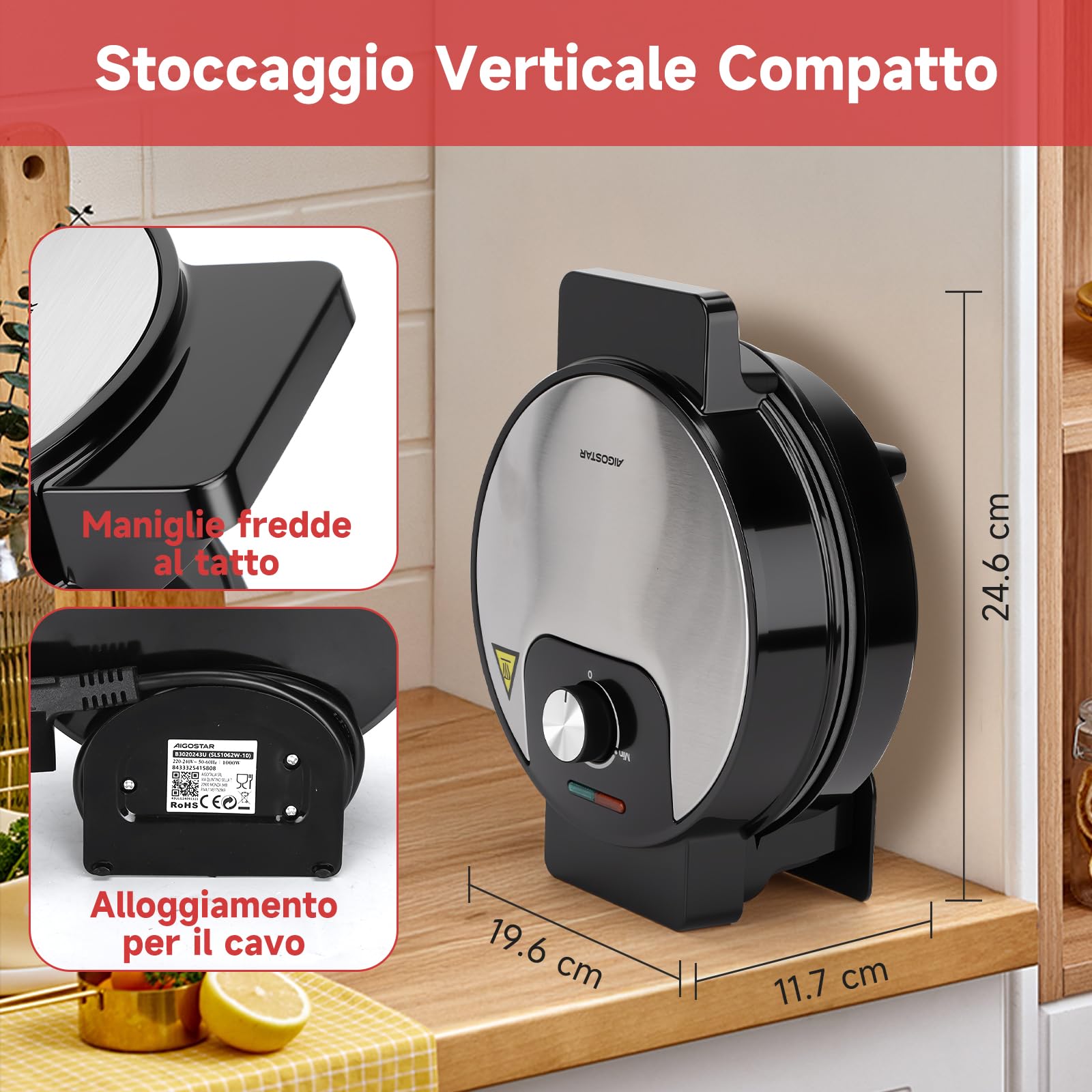 Aigostar Macchina per Waffle a 5 Cuori, 1000W, Piastre Antiaderenti da 19 cm, Cottura Regolabile, Indicatore LED, Maniglie Antiscottatura, Design Compatto in Acciaio Inossidabile, BPA FREE, Crunchy
