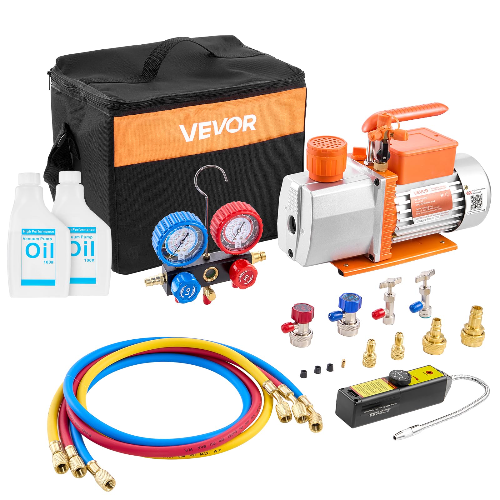 VEVOR AC Vacuum Pump and Gauge Set, 7 CFM 3/4 HP, Two Stage Rotary Vane HVAC Vacuum Pump, A/C Manifold Gauge Kit, for R134a R22 R410a, with Leak Detector Carry Bag Hose, for Auto HVAC Air Conditioning-picture-10