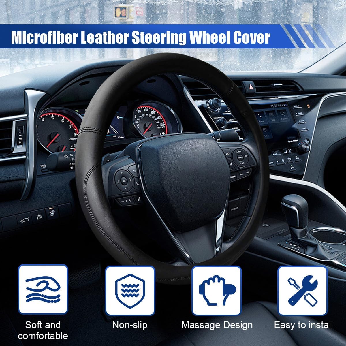 15.5"-16" Car Steering Wheel Cover, Anti-Slip Breathable Microfiber Leather Car Wheel Protector, Universal Auto Interior Heat Resistant UV Protection Accessory for Sedan SUV (Black-16)
