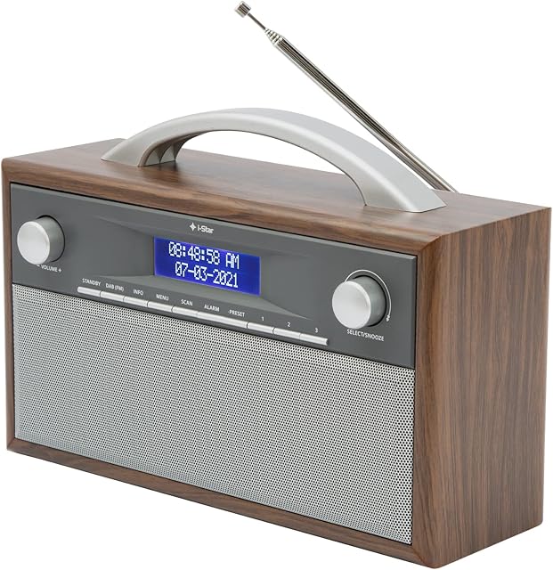 DAB/DAB+ & FM Radio Stereo Speaker, Retro Style Digital Radio Mains or Battery Powered Wooden Finish with Stereo Speakers and DRC (Dynamic Range Control)