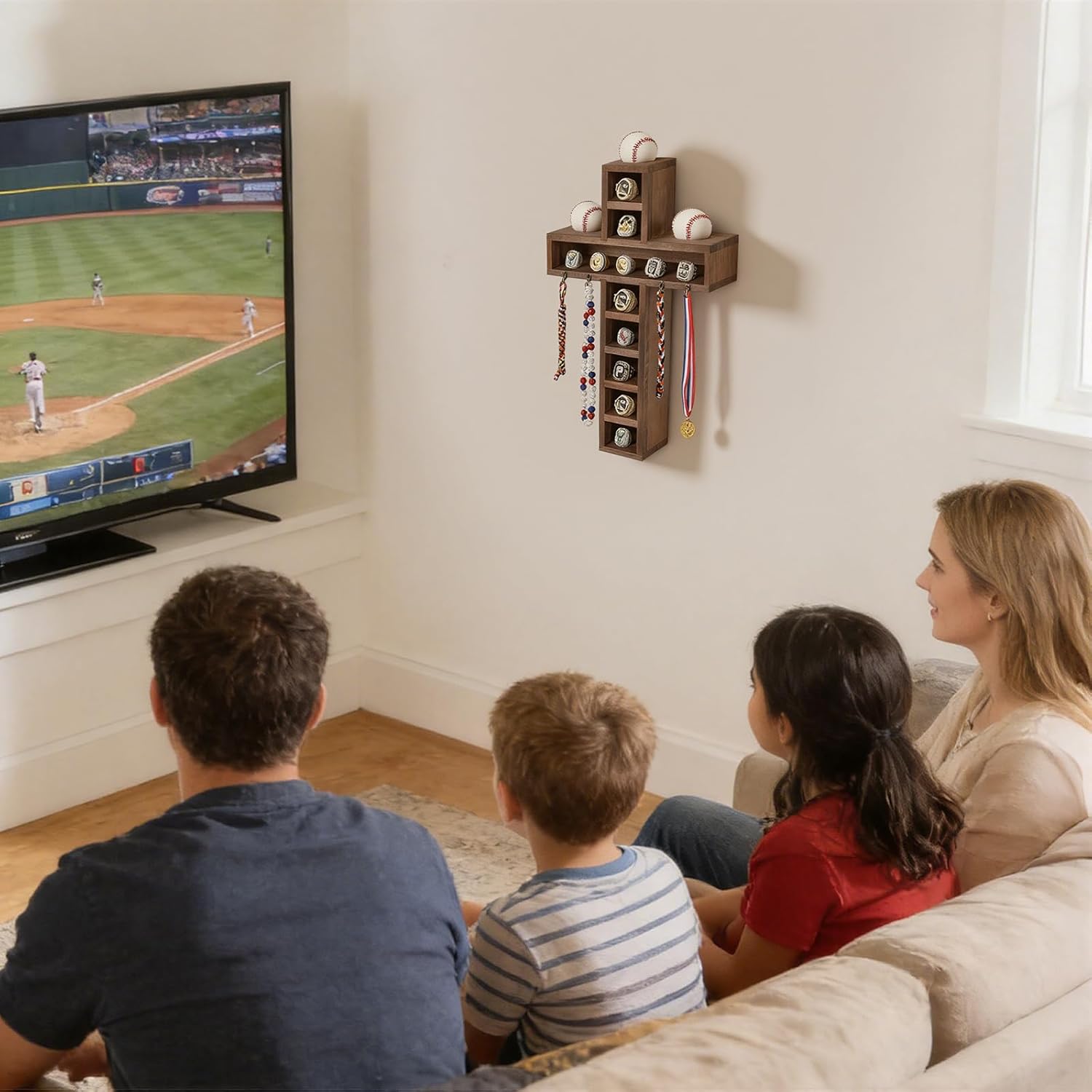 Cross Baseball Ring Display Case with 4 Extra Hooks,3 Baseball Display Location and 12-Slot,Wooden Wall Mount Baseball Ring Holder for Collection Balls, Medals,Sports Champion Rings