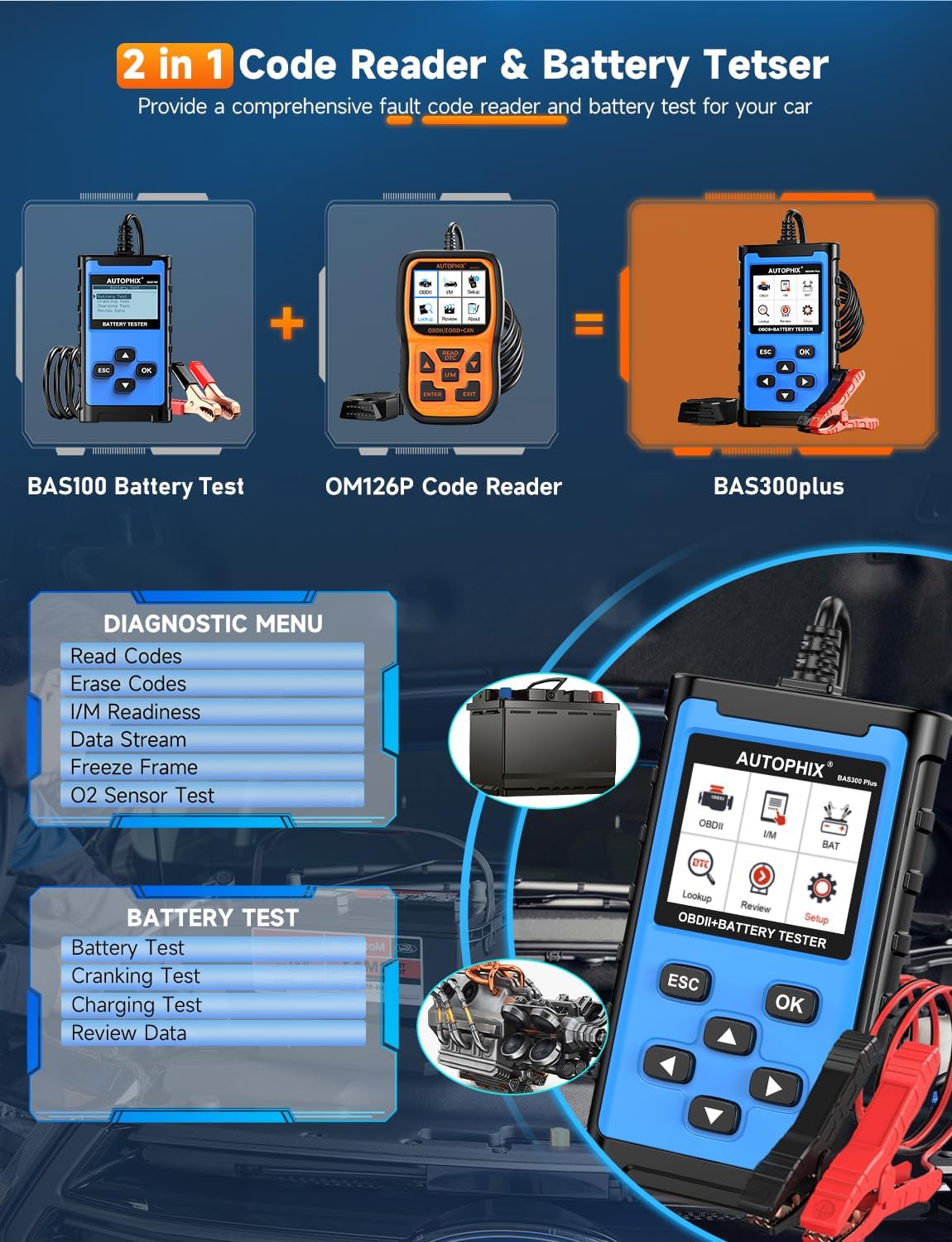 AUTOPHIX 2 IN 1 OBD2 Scanner with Battery Tester, BAS300 Plus 12V 100-2000 CCA Battery Charging Cranking Test Car Code Reader, Full OBD2 Diagnosis Check Engine Diagnostic Scan Tool Battery Load Tester