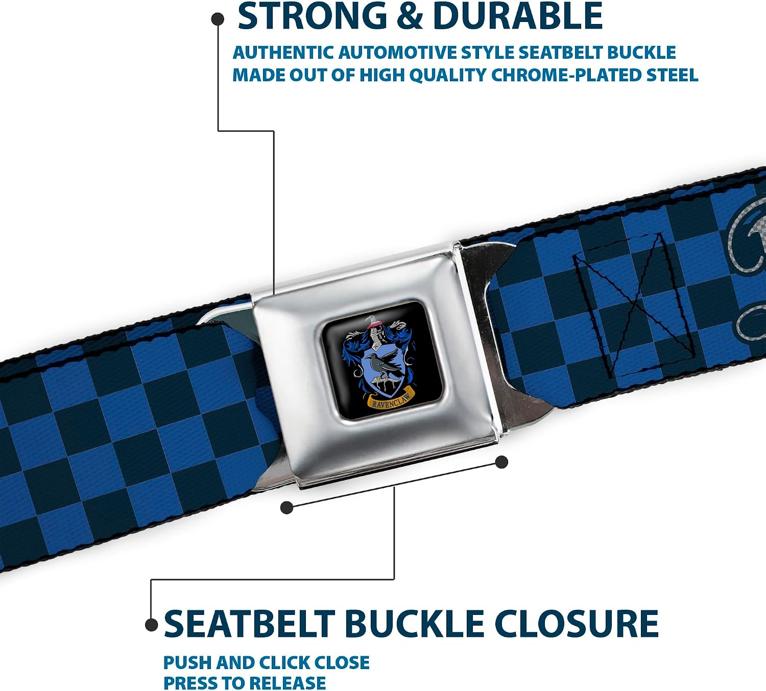 The Wizarding World of Harry Potter Belt, Seatbelt Buckle Belt, Harry Potter Ravenclaw Checker Blues Grays, Adjustable