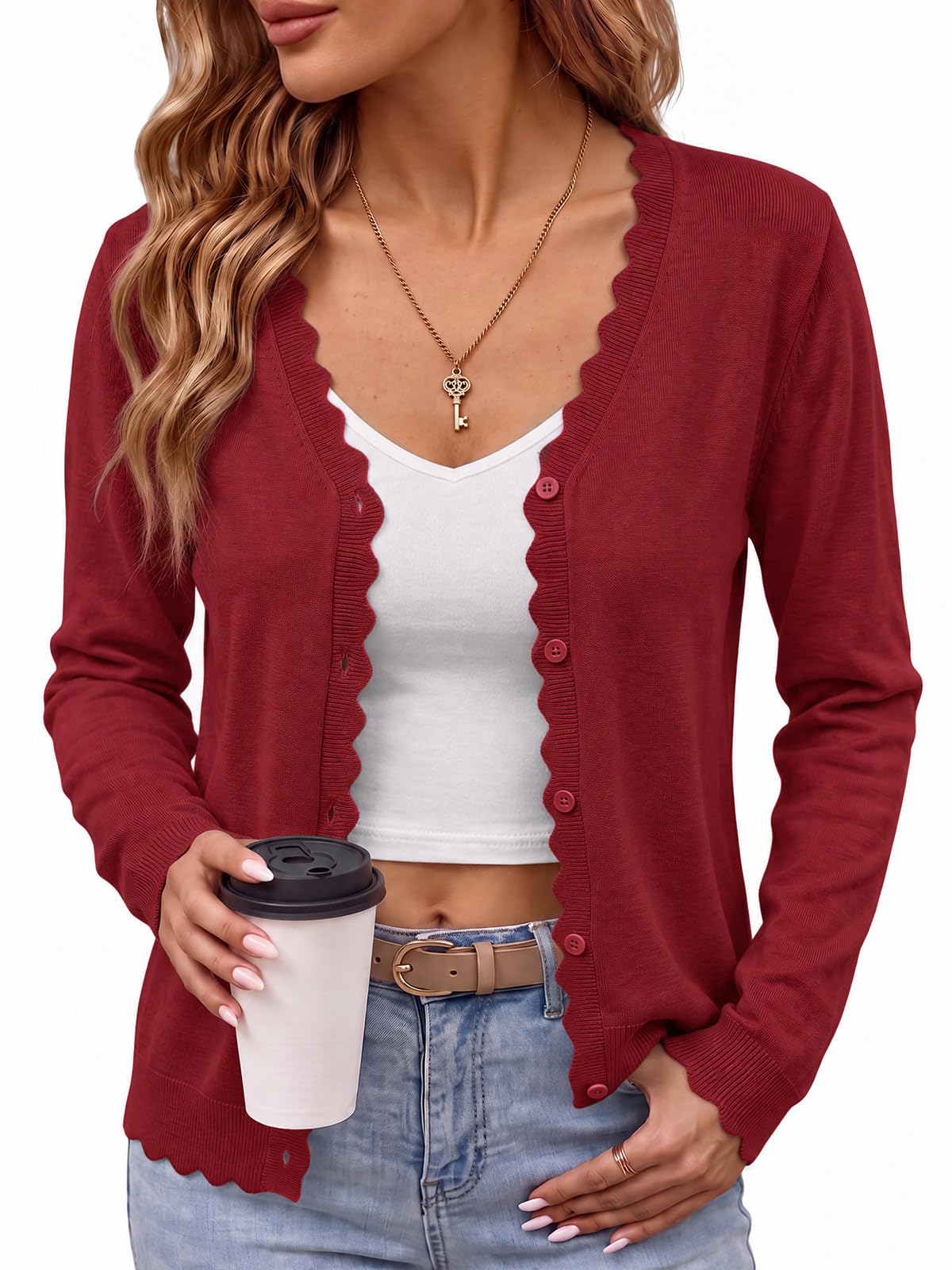 Saodimallsu Damen Kurz Strickjacke Rundhals Langarm Cardigan | V Ausschnitt Kurz Pullover,Knopfleiste Jäckchen,Open Front Casual Sweaters,Leicht Bolero,Wellensaum Jacke