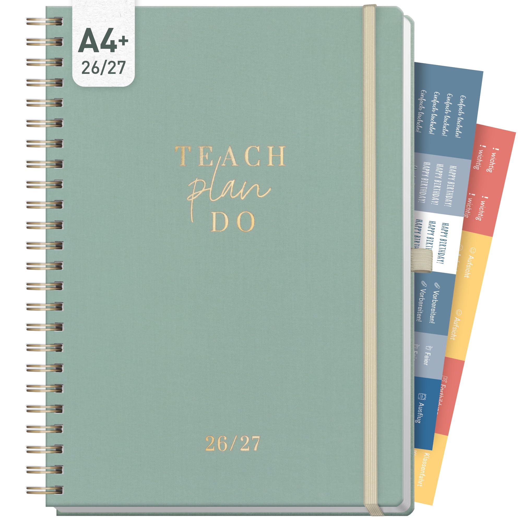 Häfft® Lehrerplaner 2026/2027 A4+ Deluxe – Großer Lehrerkalender & Schulplaner 26/27 mit Leinen-Einband & Spiralbindung "Green Canvas" – Für Grundschule, weiterführende Schulen & Referendariat