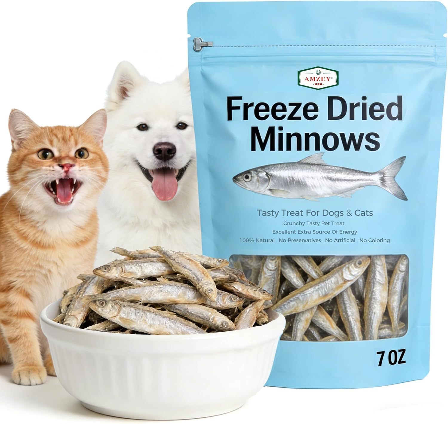 Amzey 7oz Minnows Dog Treats - Freeze Dried Minnows Cat Treats - High Protein & Premium Quality Training Treats - Bulk Package (1.6" to 2.8" Length Each)