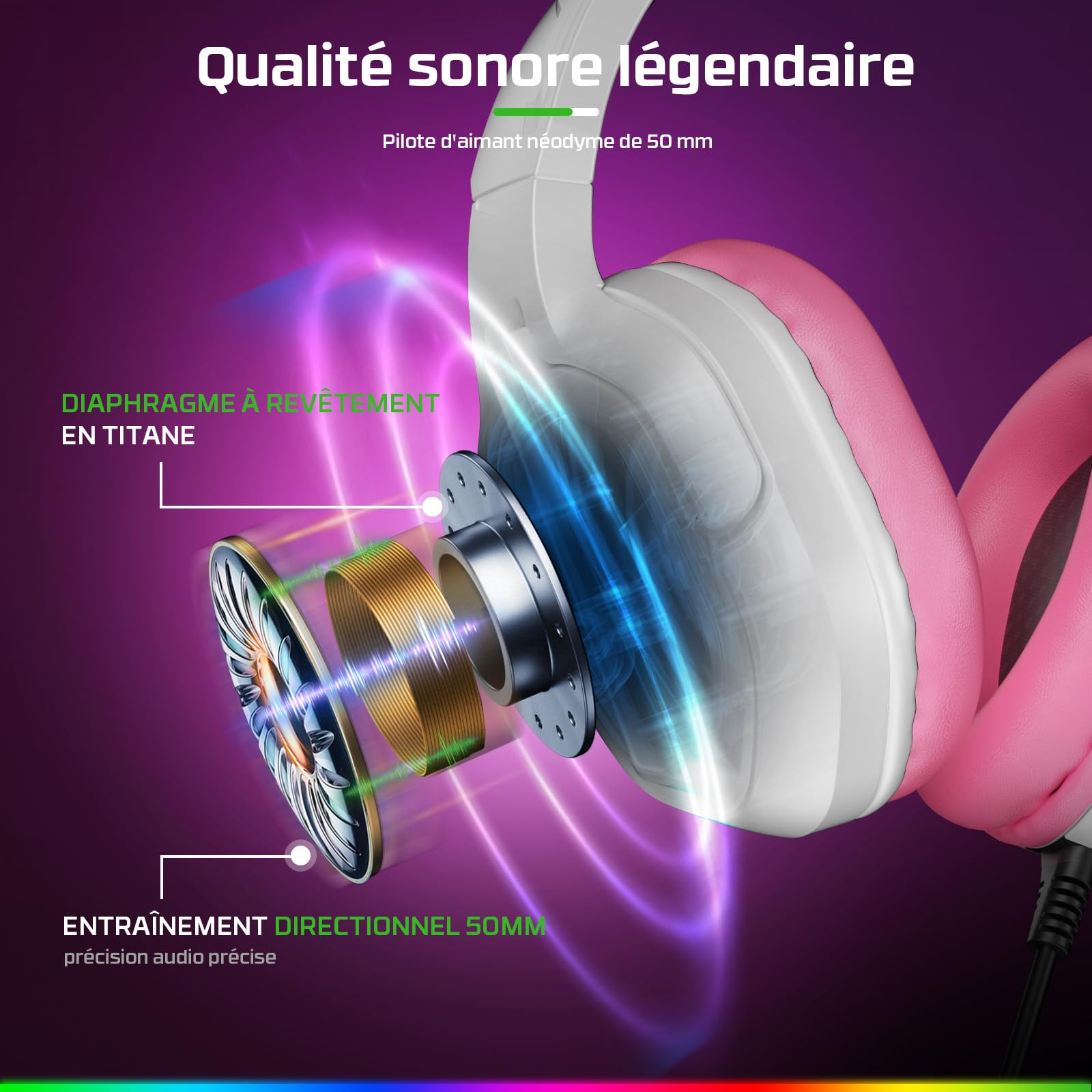 Fachixy FC200 Casque Gaming pour PS5, PS4, PC, Xbox, Nintendo Switch, Casque PS5 avec câble et lumière RGB, Casque stéréo Surround avec Micro, Noise Cancelling Gamer Headphones - Blanc Rose