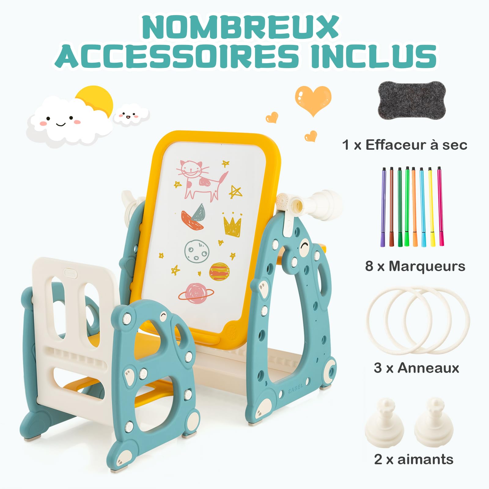 GOPLUS 4 en 1 Tableau Enfant avec Chaise, Table Enfant Tableau Blanc Magnétique Réglable avec Banc avec Télescope,Lancer d'Anneaux, Effaçable à Sec et Marqueurs 1-8 Ans