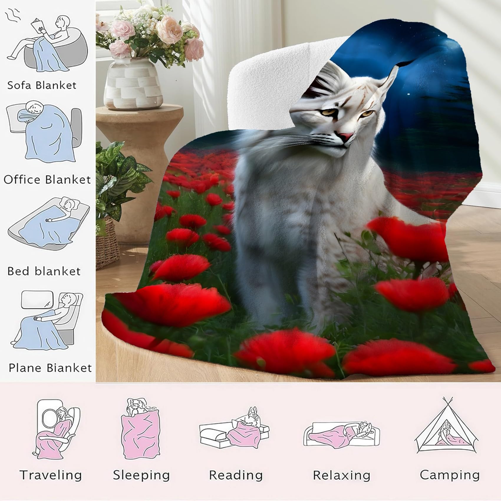Koc z makiem Koce Sowa Koc Łóżko Pojedyncze Ciepło Miękkie Koce Sofa Puszysty Flanelowy 180 x 200 cm Na Wszystkie Pory Roku