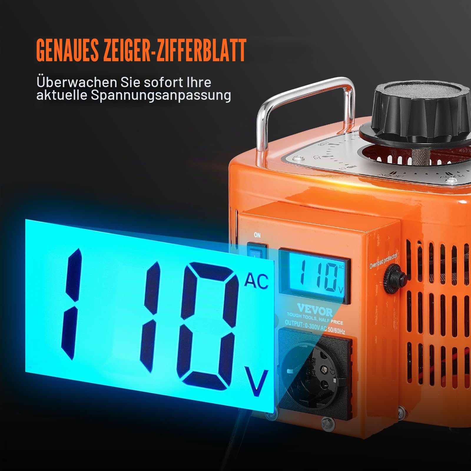 VEVOR 3000VA automatischer Stelltransformator mit variabler Spannung, 10 Ampere, 230 V Eingang, 0-300 V Ausgang, Wechselspannungsregler, mit LCD-Display, 4 zusätzlichen Sicherungen