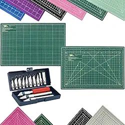 Kit Base de Corte A3 45x30cm Patchwork Artesanato Scrapbook Dupla Face Multiuso AutoCura Jogo Estilete de Precisão Profissional 13 Peças (Verde)
