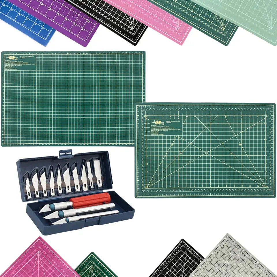 Kit Base de Corte A3 45x30cm Patchwork Artesanato Scrapbook Dupla Face Multiuso AutoCura Jogo Estilete de Precisão Profissional 13 Peças (Verde)