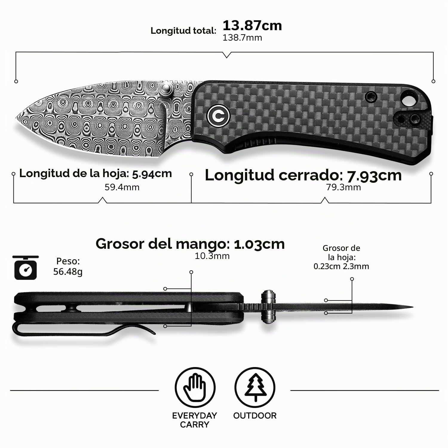 CIVIVI Baby Banter Small Folding Pocket Knife with 5.94CM Damascus Blade | EDC Knife with Clip, Black G-10 Handle, for Outdoor Camping Hiking Gifts C19068S-DS1