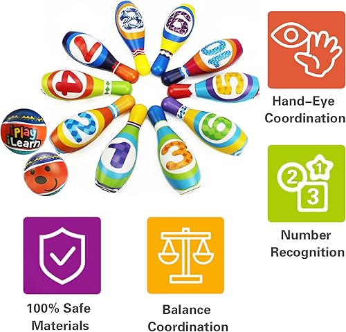 Miniatura 4 de iPlay, iLearn Juego de juguetes de bolos para niños, juego de actividades para interiores y exteriores, juego de 10 pines de espuma suave y dos