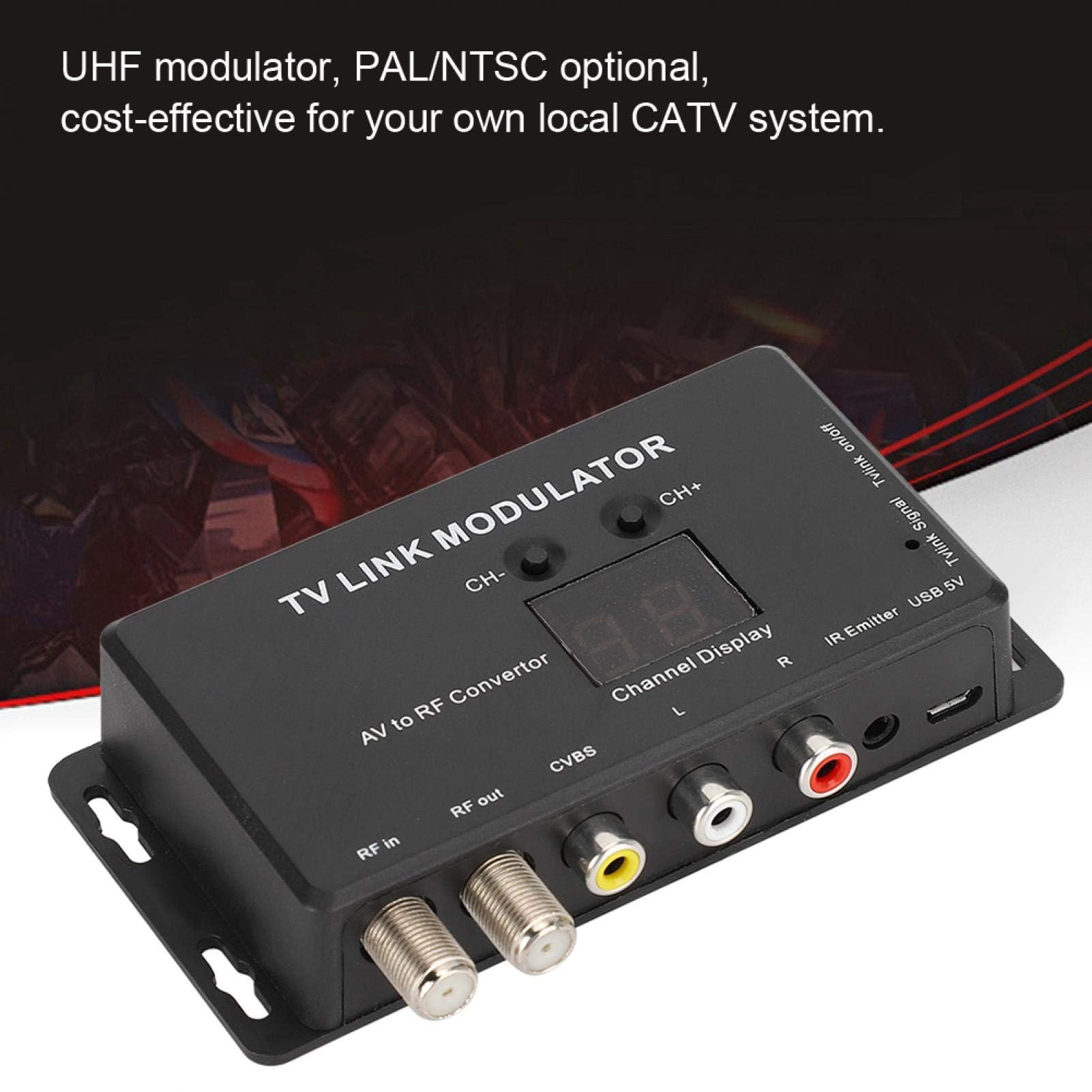 Dpofirs UHF-Modulator, TM70 UHF-TV-LINK-Modulator AV-zu-HF-Wandler IR-Extender mit Kanalanzeige, Modulatormodulator AV-zu-HF-Wandler-IR-Extender, Unterstützung von PAL/NTSC mit USB-Ladekabel
