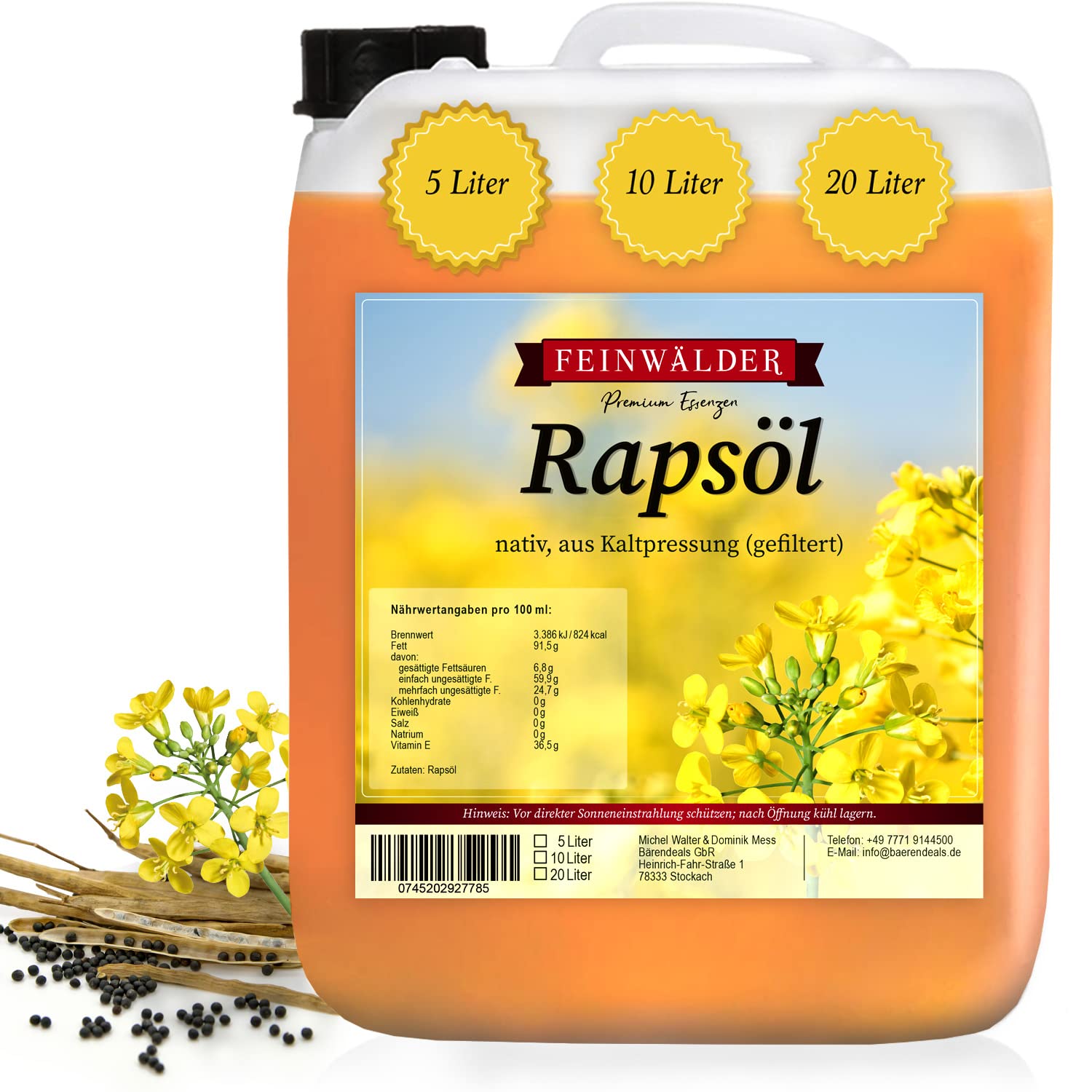 Feinwälder® Premium Rapsöl 5 Liter Nativ kaltgepresst / Gentechnikfreier Speiseöl Kanister ...
