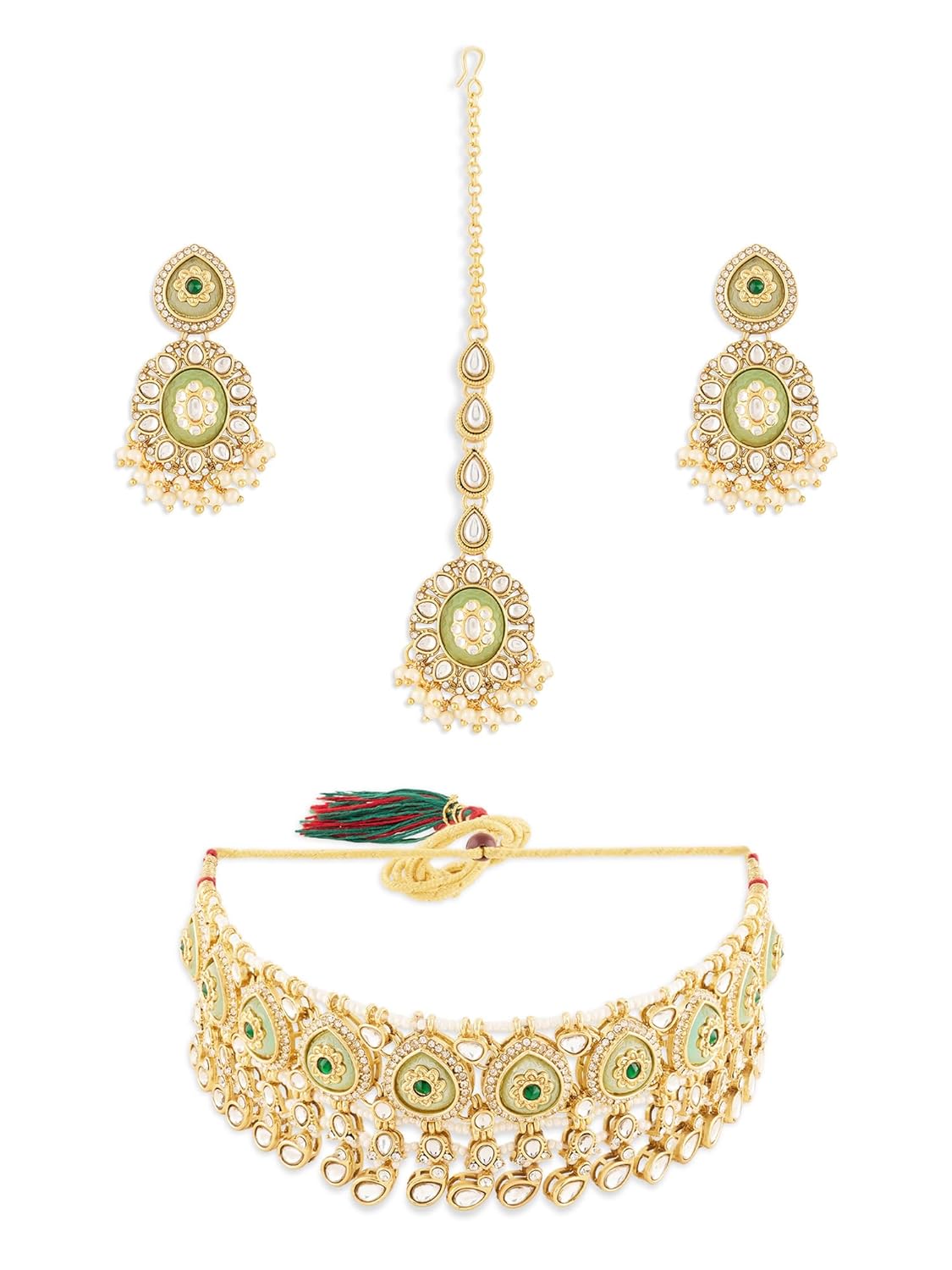 ZAVERI PEARLS Green Stones Dazzling Kundan Drop Choker Necklace Earring and Maangtikka Set For Women-ZPFK21819