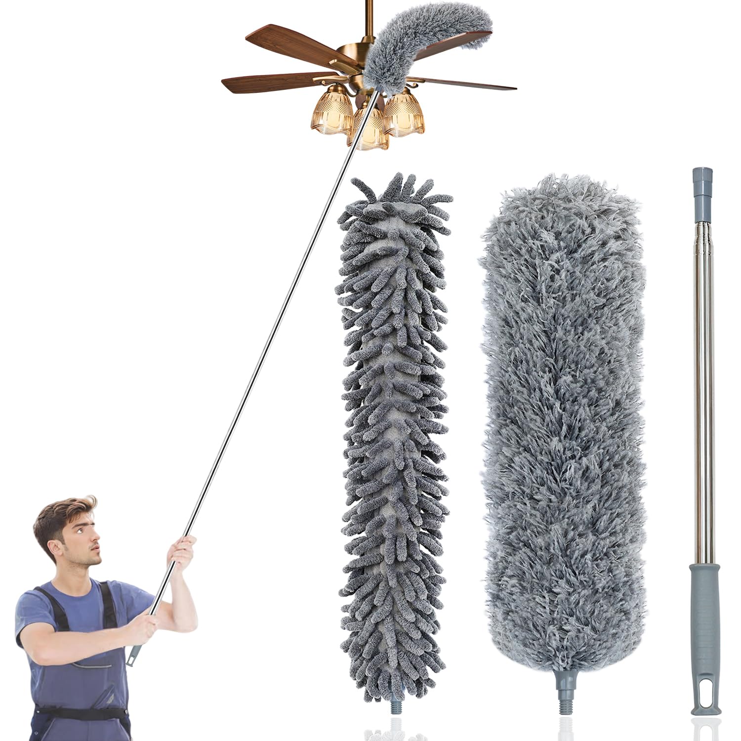 3 Pcs Extendable Microfiber Feather Duster, Electrostatic Bendable Head, Up to 100 Inch Feather Dusters for Cleaning Ceiling Fan, Cobweb, Wall,