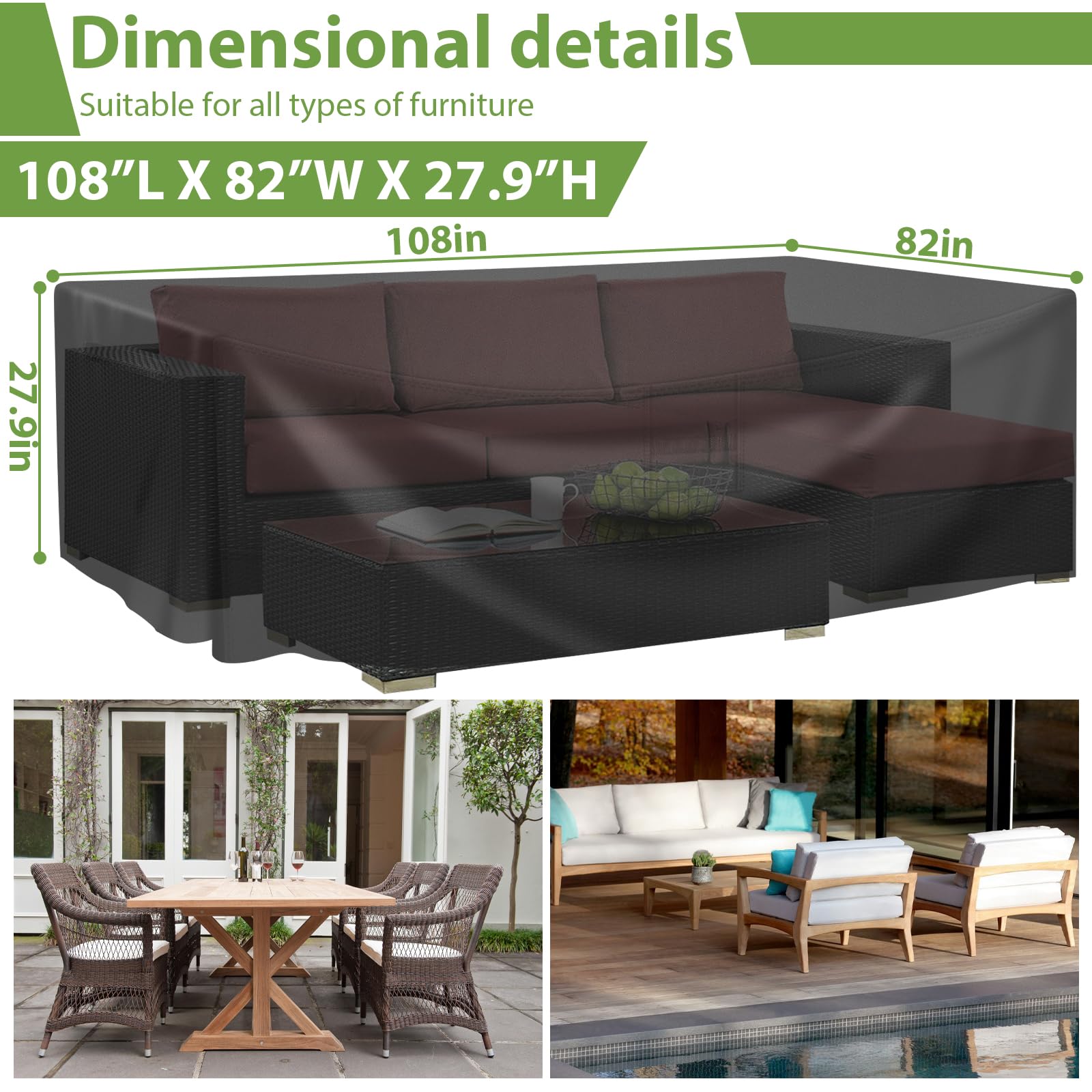 AKOZLIN Pokrowce ochronne na meble tarasowe 420D 274,3x208,3x71,1cm | Wytrzymały, wodoodporny i odporny na promieniowanie UV, pyłoszczelny, wiatroszczelny, odporny na śnieg