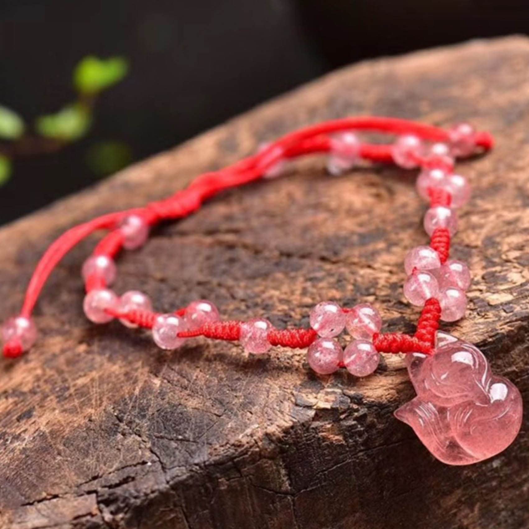 Tobillera Feng Shui Tobillera de Cuarzo Fresa Pulsera de Tobillo con Dije de Zorro de Nueve Colas Amuleto de Buena Suerte Pulsera de pie de Hilo Rojo Tobillera de Chakra de Cristal Reiki Talismán
