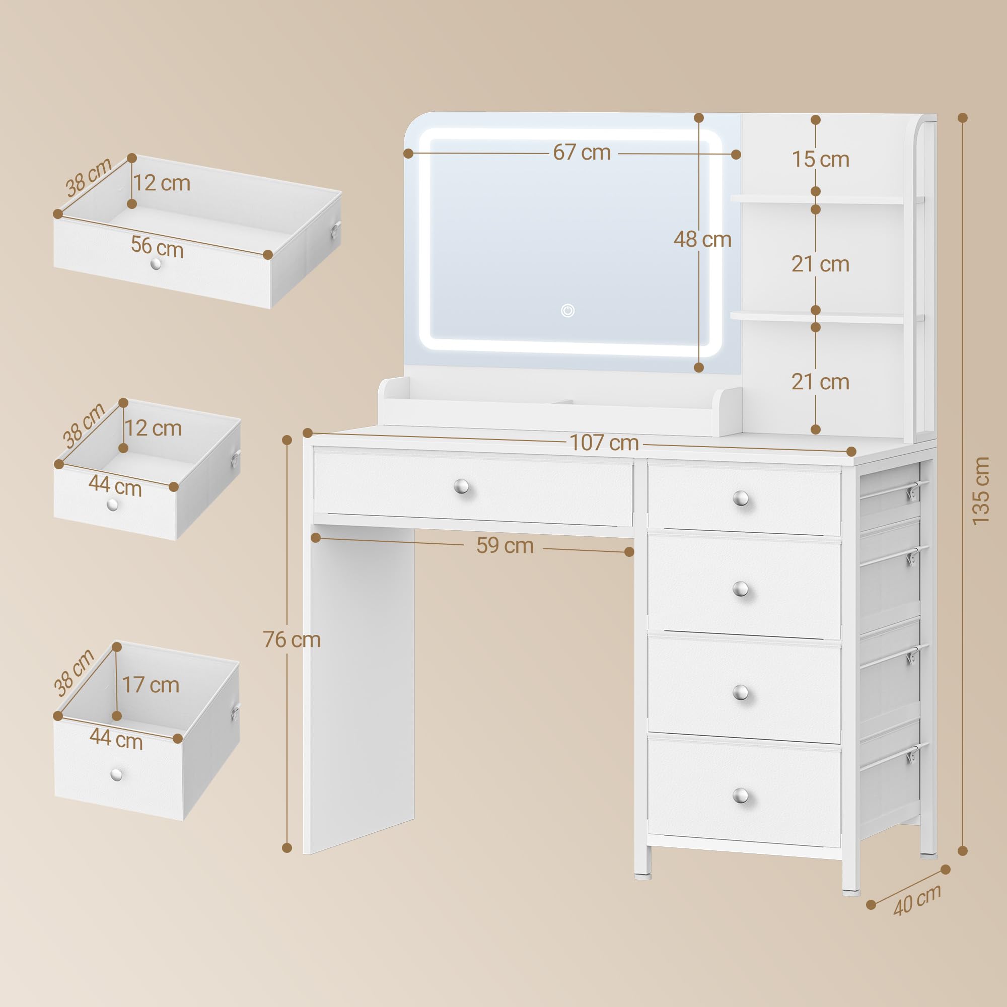 Hzuaneri Coiffeuse avec Éclairage LED, Coiffeuse avec Grand Miroir, Blanc