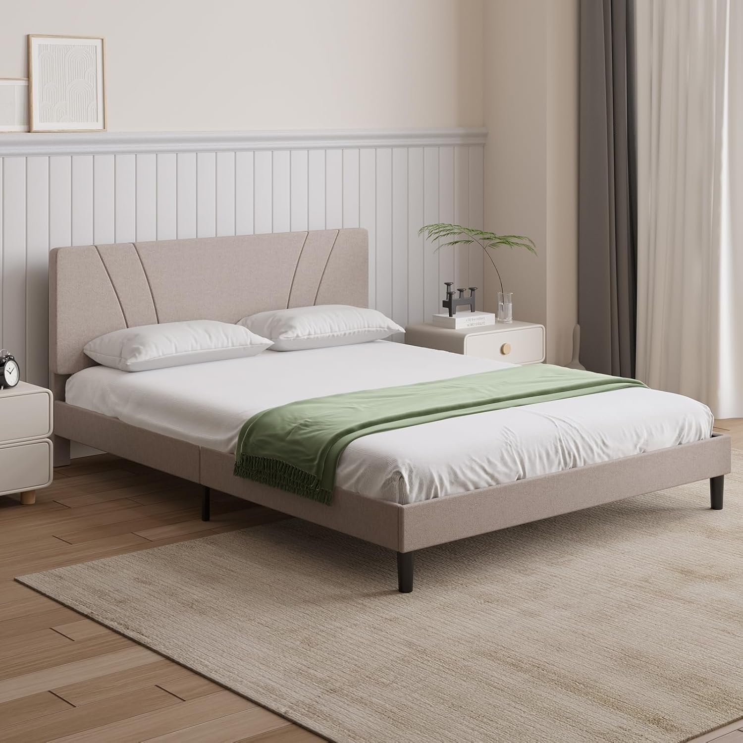 Novilla Queen Size Platform Bed Frame with Adjustable Headboard Upholstered Bed Frame Queen No Box Spring Needed, Noise Free, Easy Assembly, Light Beige