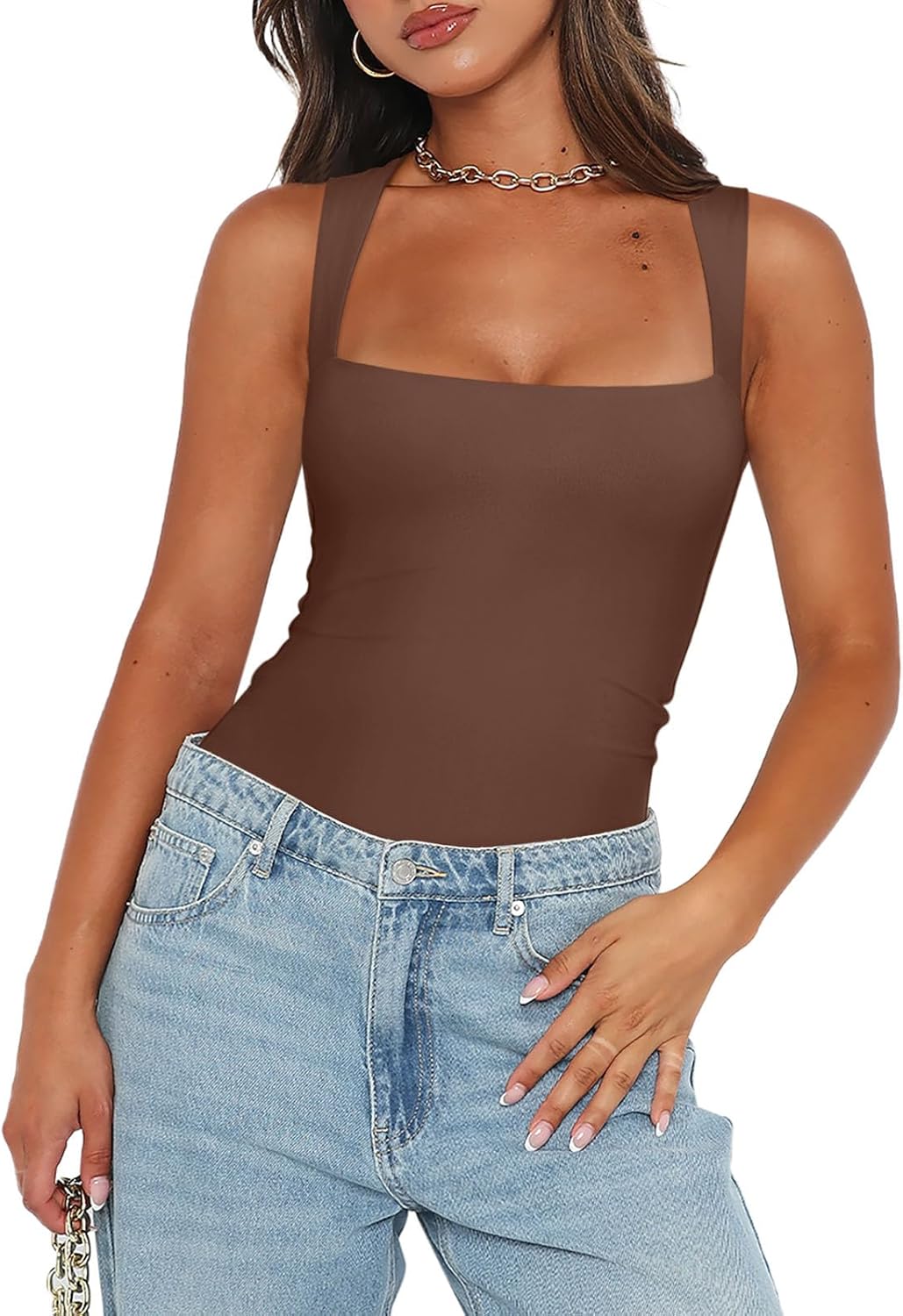 REORIA Butsmooth® Women’s Sexy Sleeveless Square Neck Double Lined Basic Bodysuit Tank Tops - Image 2