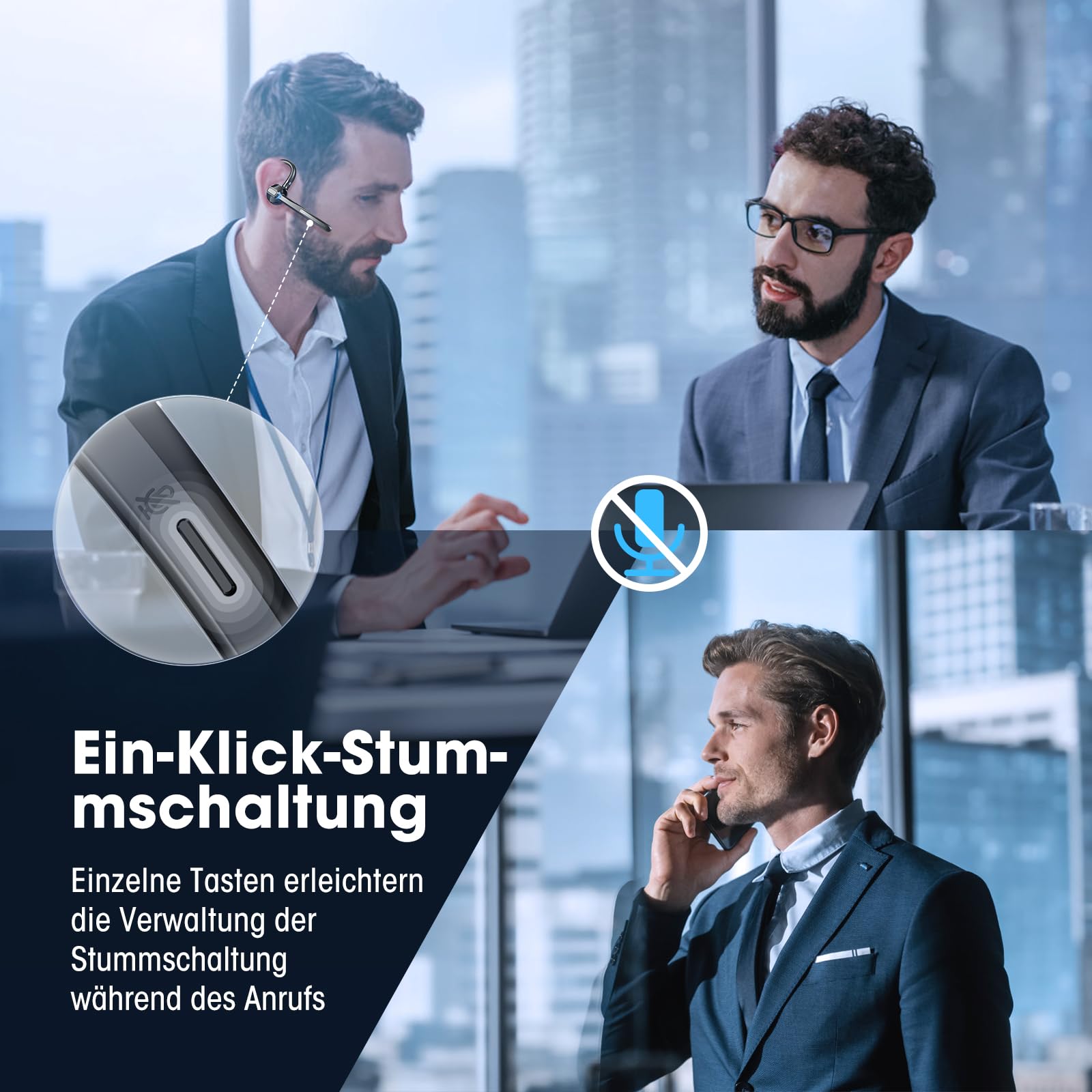Bluetooth Headset In-Ear Kabellos Bluetooth 5.3 10m Reichweite 10 Std Sprechzeit Schwarz