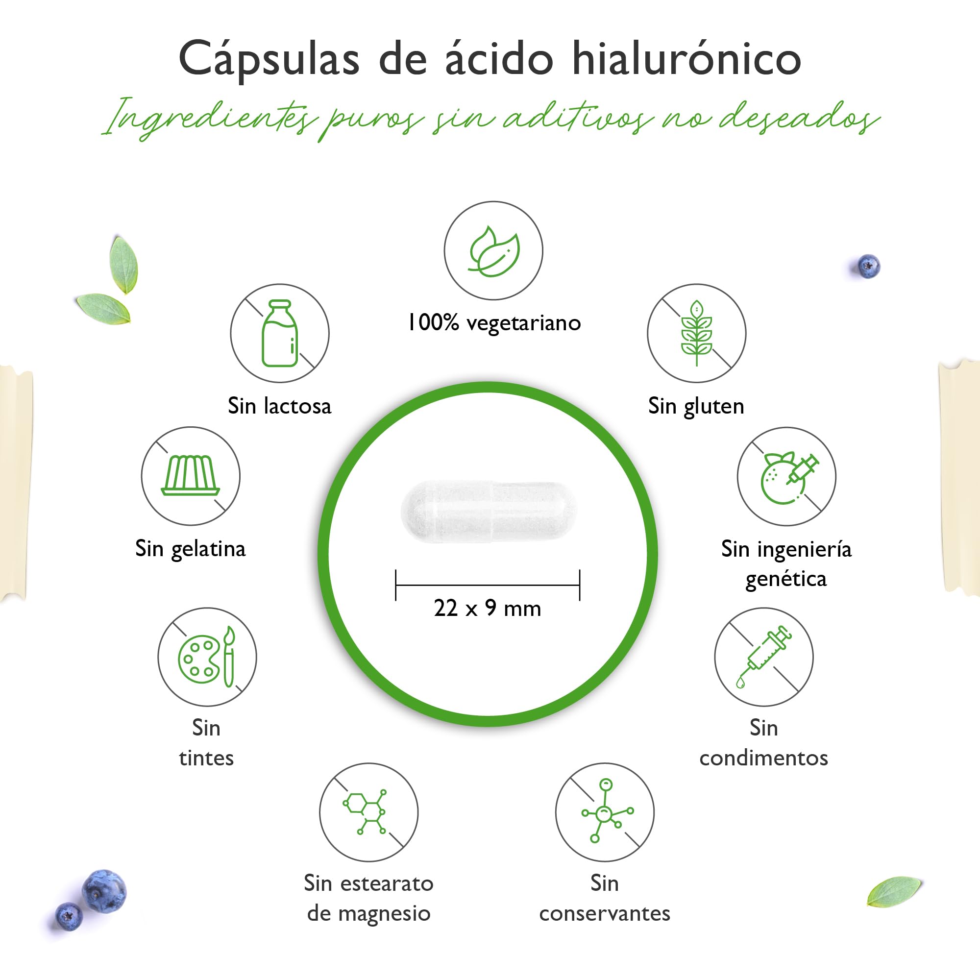 Ácido Hialurónico Vegano - 500 mg Hialurón - 180 cápsulas para 6 meses - 500-700 kDa - Vegetal de fermentación Altamente dosificado - Sin aditivos