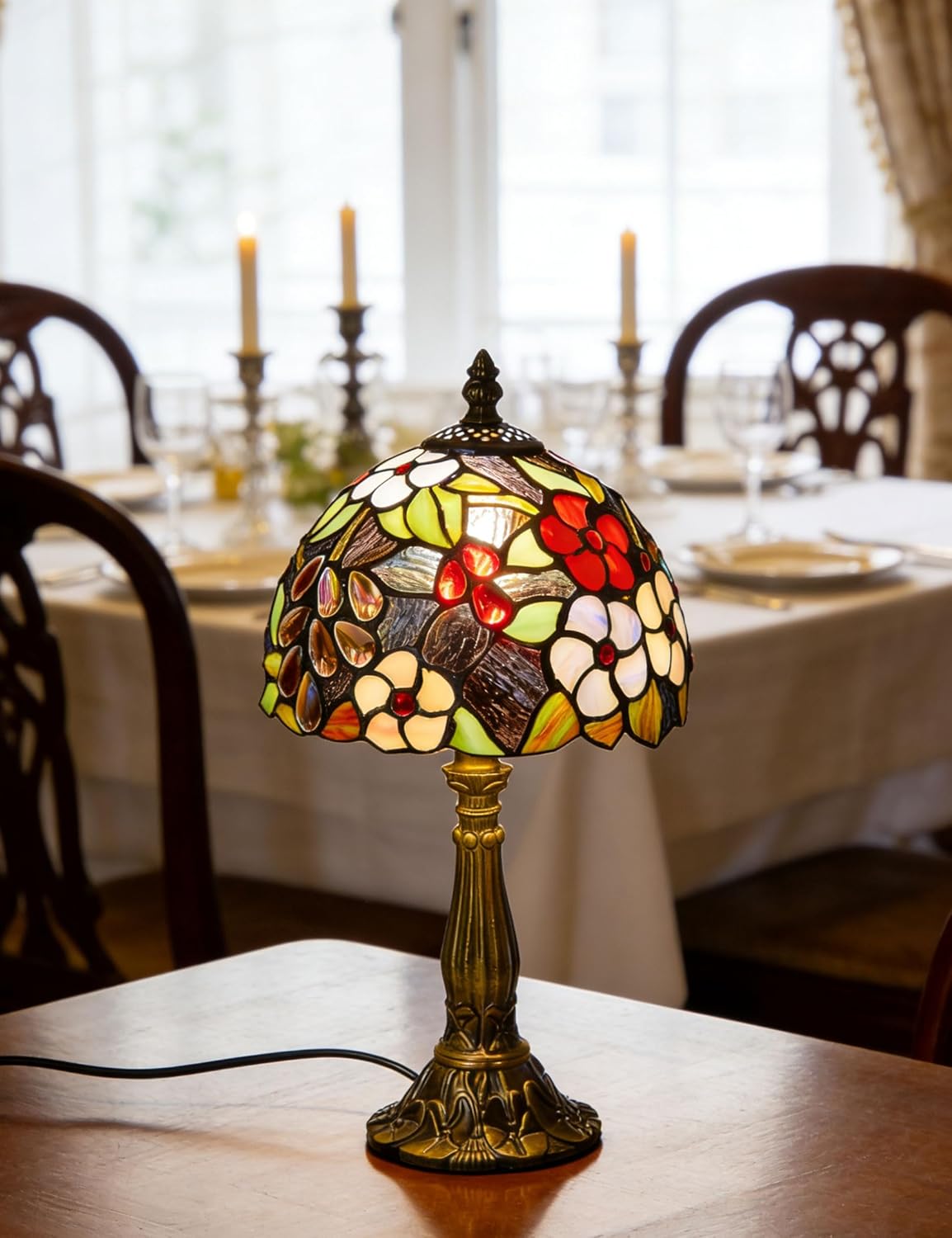 Tiffany Table Lamp, 8 Inch Handmade Stained Glass Floral Shade with Resin Base, 15" Height Vintage Desk & Bedside Lamp for Bedroom, Living Room, Office - Bulb Included