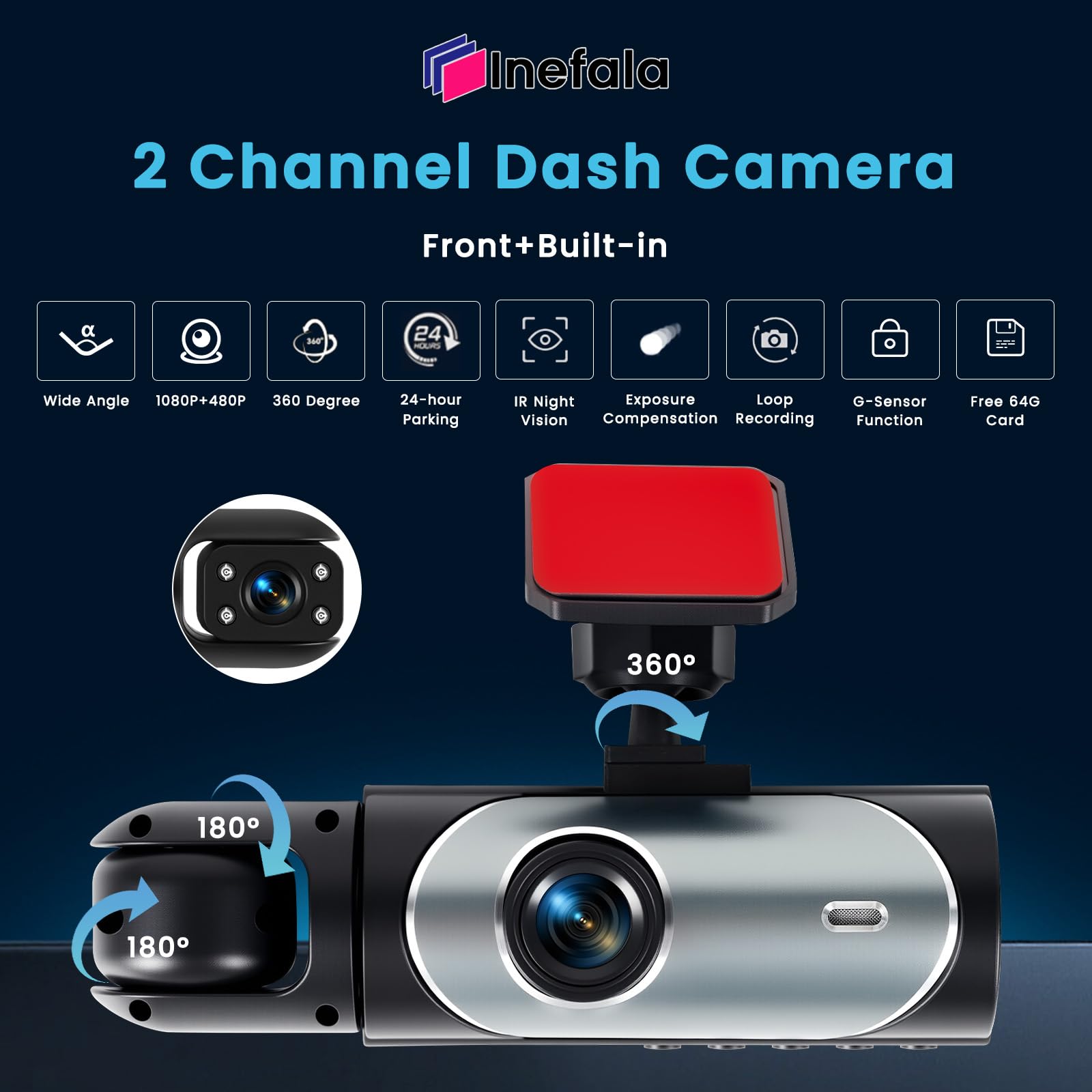 Inefala Dash CAM Coche con Tarjeta SD de 64GB, Camara para Coche con 2 Camaras 1080P Frontal Interior, Cámara para Coche con Sensor-G Visión Nocturna Asistencia de Respaldo Detección de Movimiento