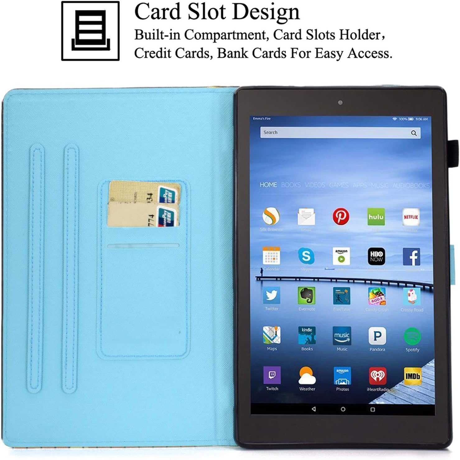 Case for Kindle Fire HD 10, PU Leather Folio Stand Card Slots Cover with Auto Sleep/Wake Case for Amazon Kindle Fire HD 10 9th/7th/5th Generation 2019/2017/2015 Released, Blue Bulb