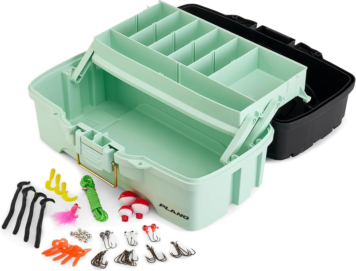 Kit Catch All One-Tray Tackle Box, negro/azul, pestillo de latón a prueba de óxido, bandeja de acceso superior con almacenamiento profundo, hecho en los EE. UU., organizador portátil de almacenamiento de aparejos de pesca