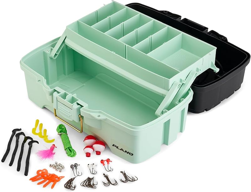 Kit Catch All One-Tray Tackle Box, negro/azul, pestillo de latón a prueba de óxido, bandeja de acceso superior con almacenamiento profundo, hecho en los EE. UU., organizador portátil de almacenamiento de aparejos de pesca