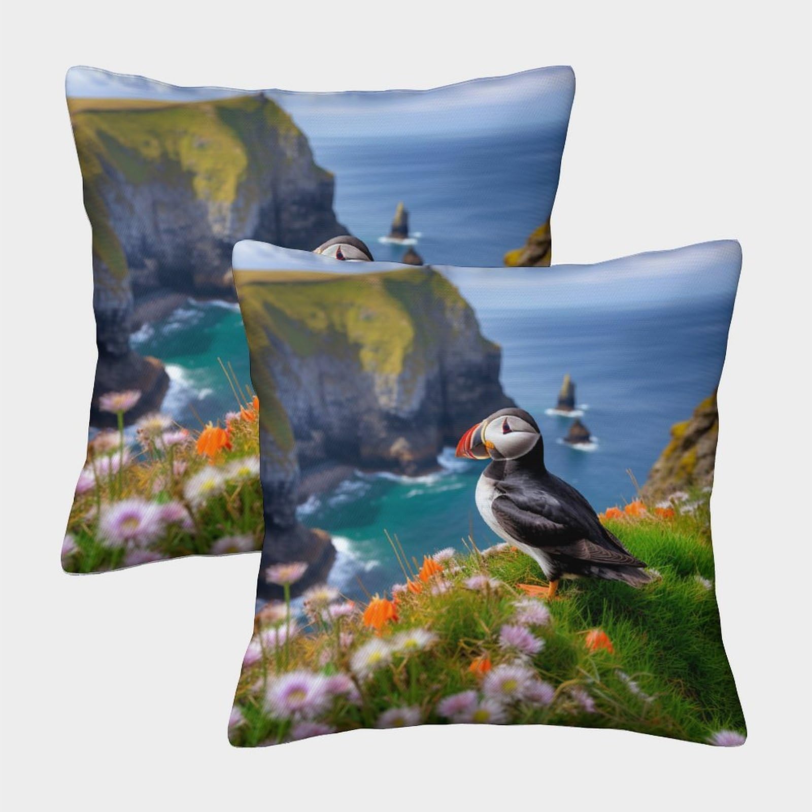 Mefese Puffin 3D Printed Square Pillowcases Seaside Birds Pillow Case Cushion Decorative Super Soft Pack Of 2 Home Decor For Sofa Bedroom 45X45cm