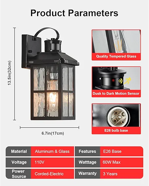 YJXGDIL Motion Sensor Outdoor Lights Dusk to Dawn Porch Light Black Exterior Lighting Fixtures Modern Outside Wall Mount Coach Lamp for House Garage Patio Front Door
