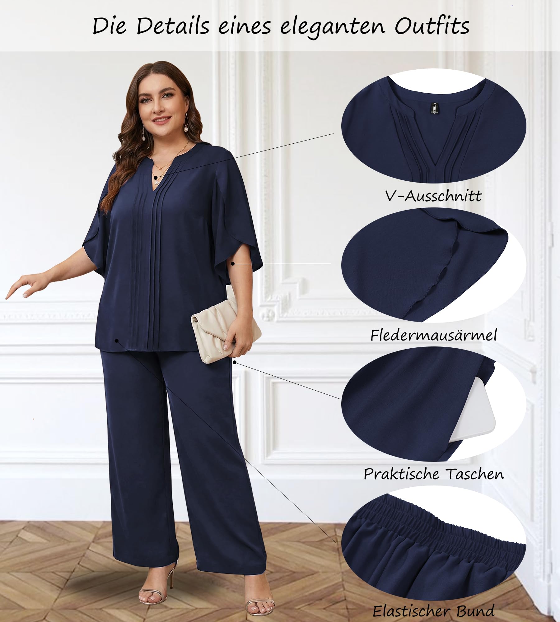Theenkoln Damen Großgrößen Chiffon Set 2-teilig Elegantes Outfit V-Ausschnitt Top Fledermausarm Hoher Taille Hose
